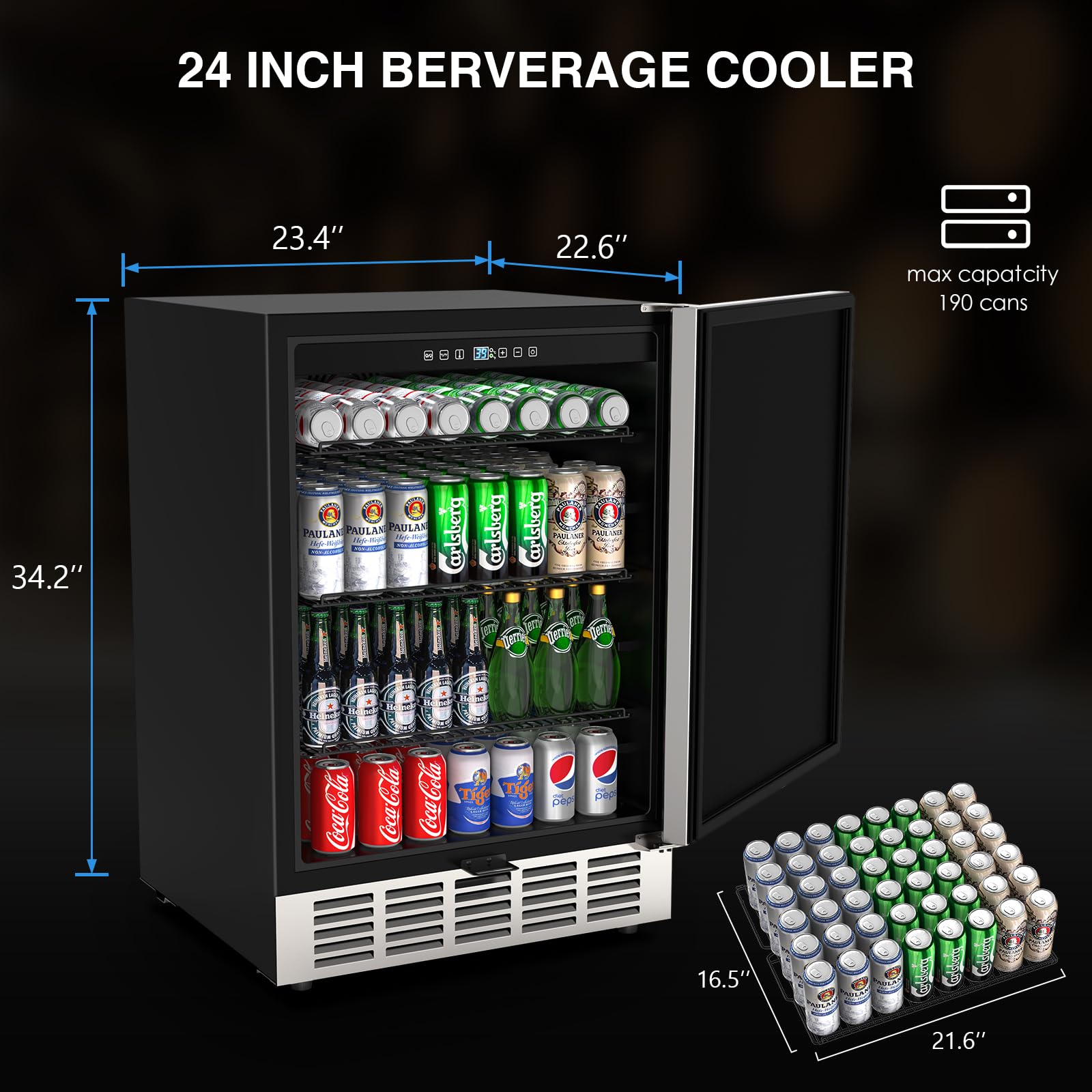 MOJGAR 24 Inch Beverage Refrigerator, Under Counter Beverage Fridge For 190 Cans, Indoor & Outdoor Beverage Refrigerator With Stainless Steel Door For Soda, Beer, Wine, Built-In & Freestanding on Fridge.com - View 2