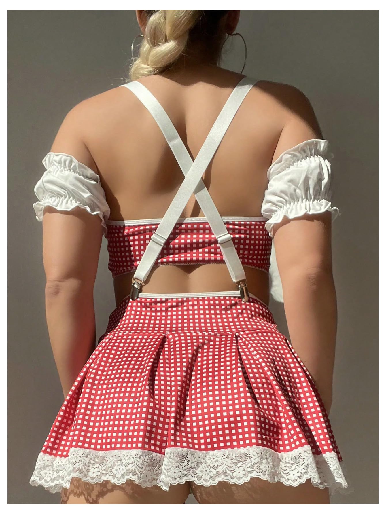 OYOANGLE Women's 9 Piece Garter Lingerie Set Plaid Bow Knot Cut Out Teddy Babydoll with Stockings: Small Red and White