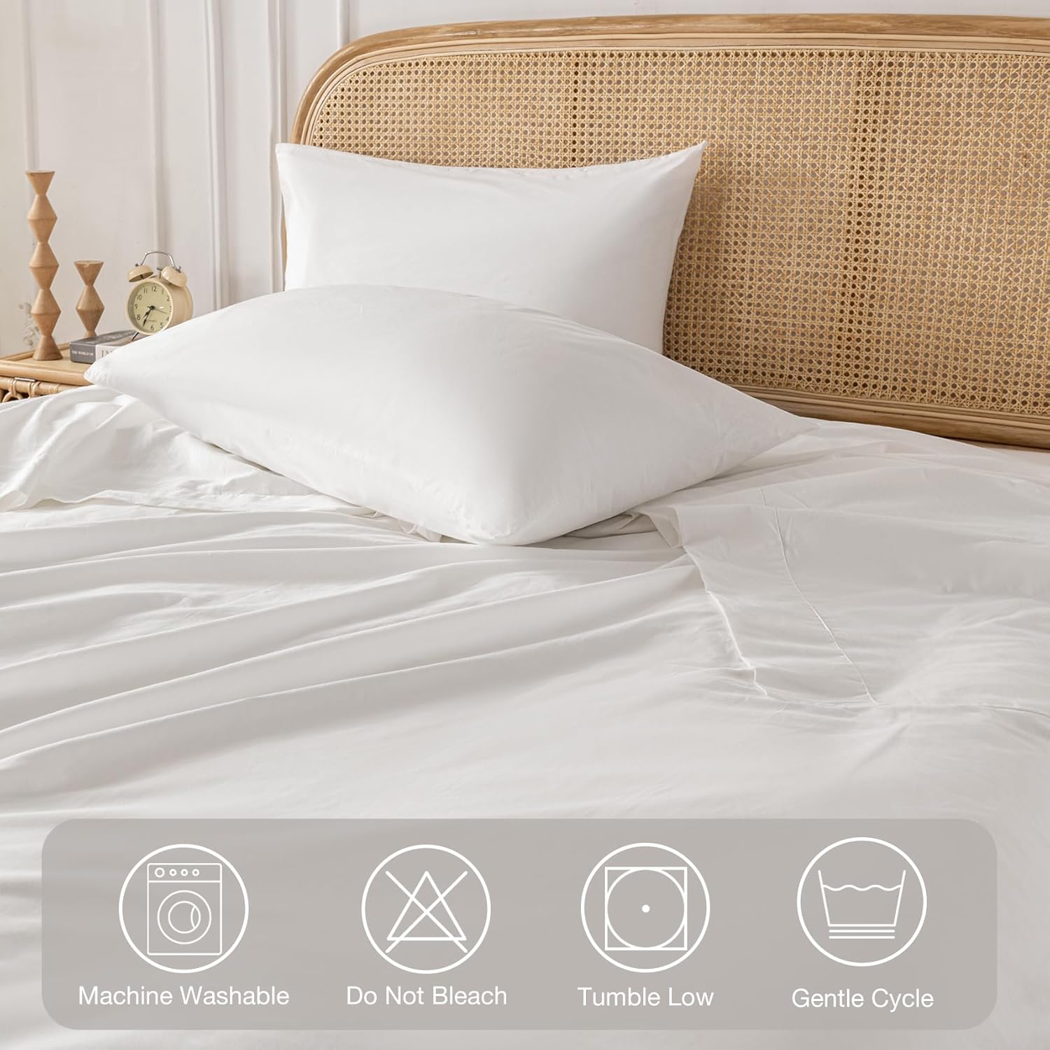 White 100% Washed Cotton Linen Feel Sheet Set King Size, 4 Pieces Deep Pocket Bed Sheets Soft Breathable Hotel Bedsheets