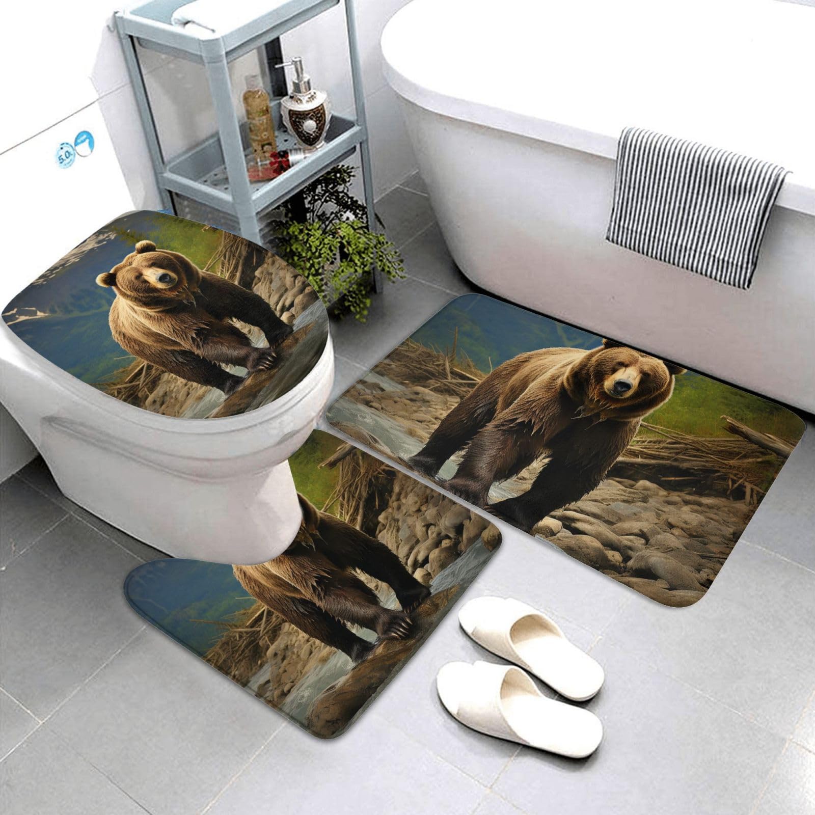 Dwrepo Brown Bear Print Bathroom Rug Set 3 Piece with Non-Slip U-Shaped Contour Mat and Toilet Lid Cover for Bathroom Decoration