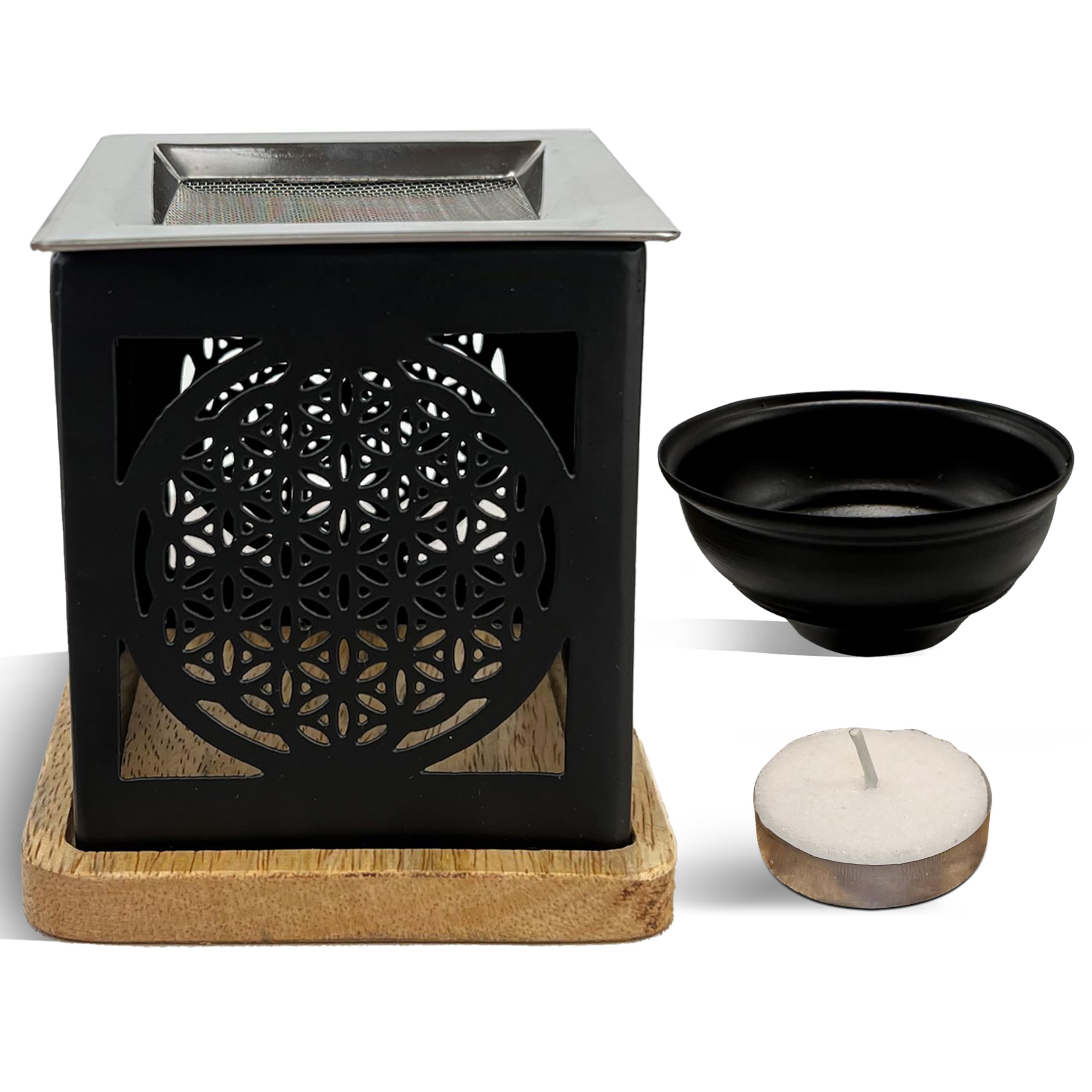 Flower of Life Incense Oil Burner, Wax Melts Essential Oil Aromatherapy Diffuser - Decorative Home Spa Diffuser for Wax, Bakhoor or Resin | Metal Tealight Candle Holder Church Resin Burner (BLK-AL1)