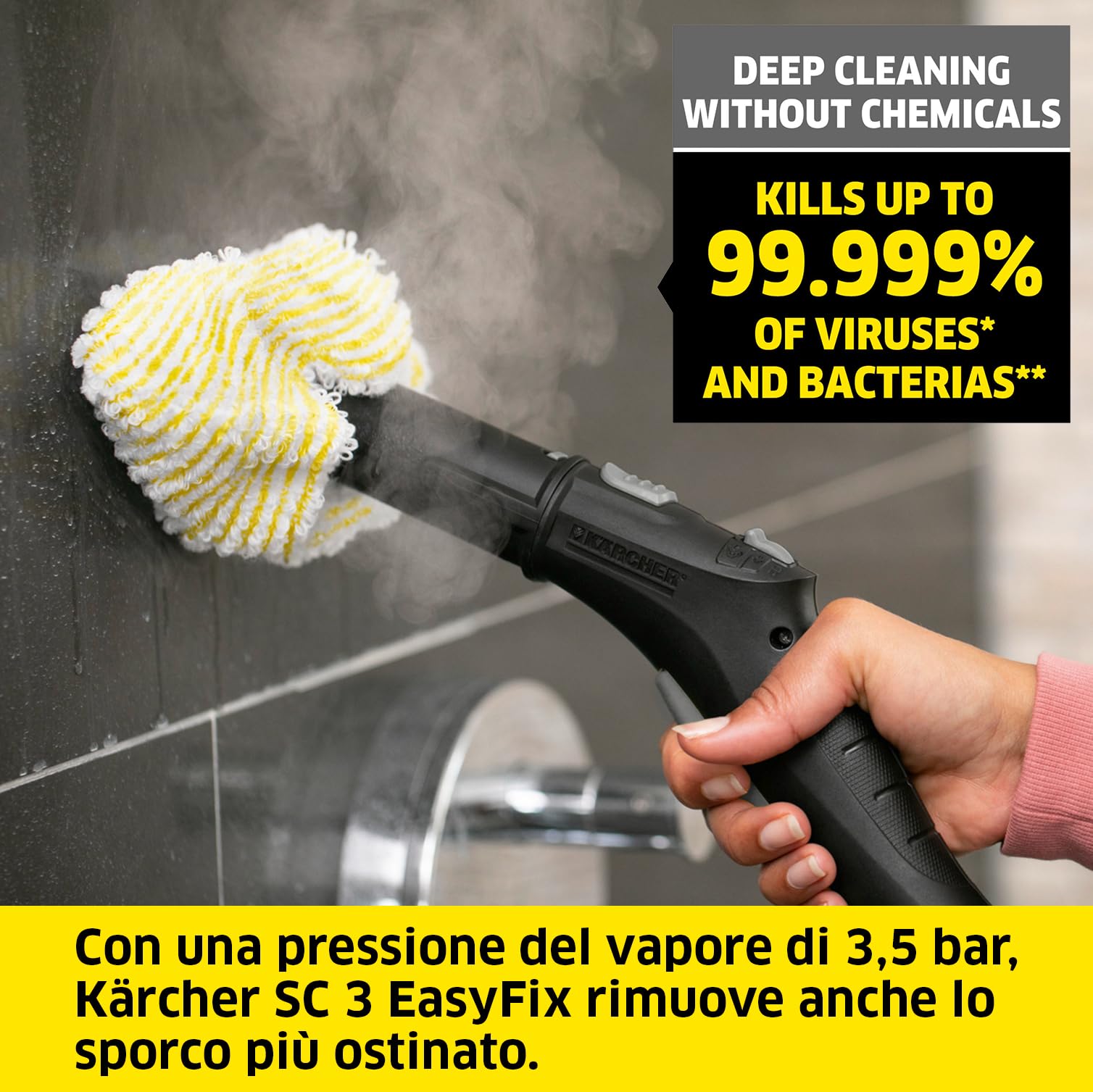 KÄRCHER Pulitore a Vapore SC 3 EasyFix, Pronto in 30sec, 1900 W, Serbatoio 1l, Area lavoro 75m², Include Kit pavimenti, Bocchetta Manuale e Panno, Spazzola Tonda, Bocchetta fessure