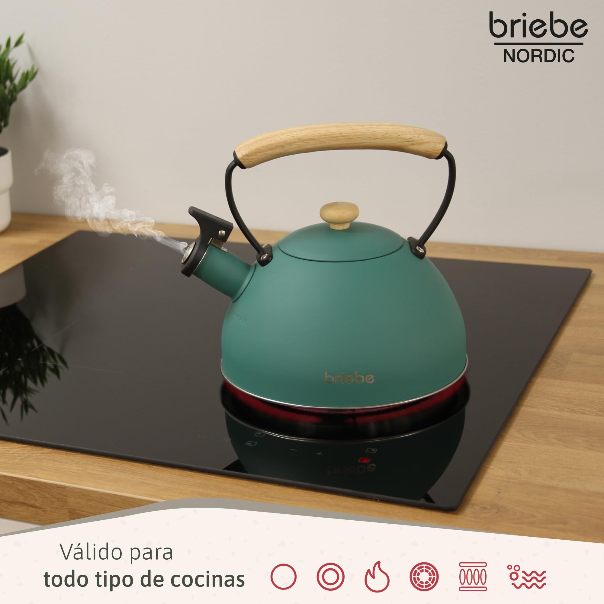 briebe Nordic Set Tostadora Pan Ranura Ancha 2 Rebanadas, 6 Niveles Tostado + Tetera Silbante 2,3 L Infusiones, Acero Inoxidable, Inducción, Libre BPA, Pack Desayuno Diseño Nórdico Verde