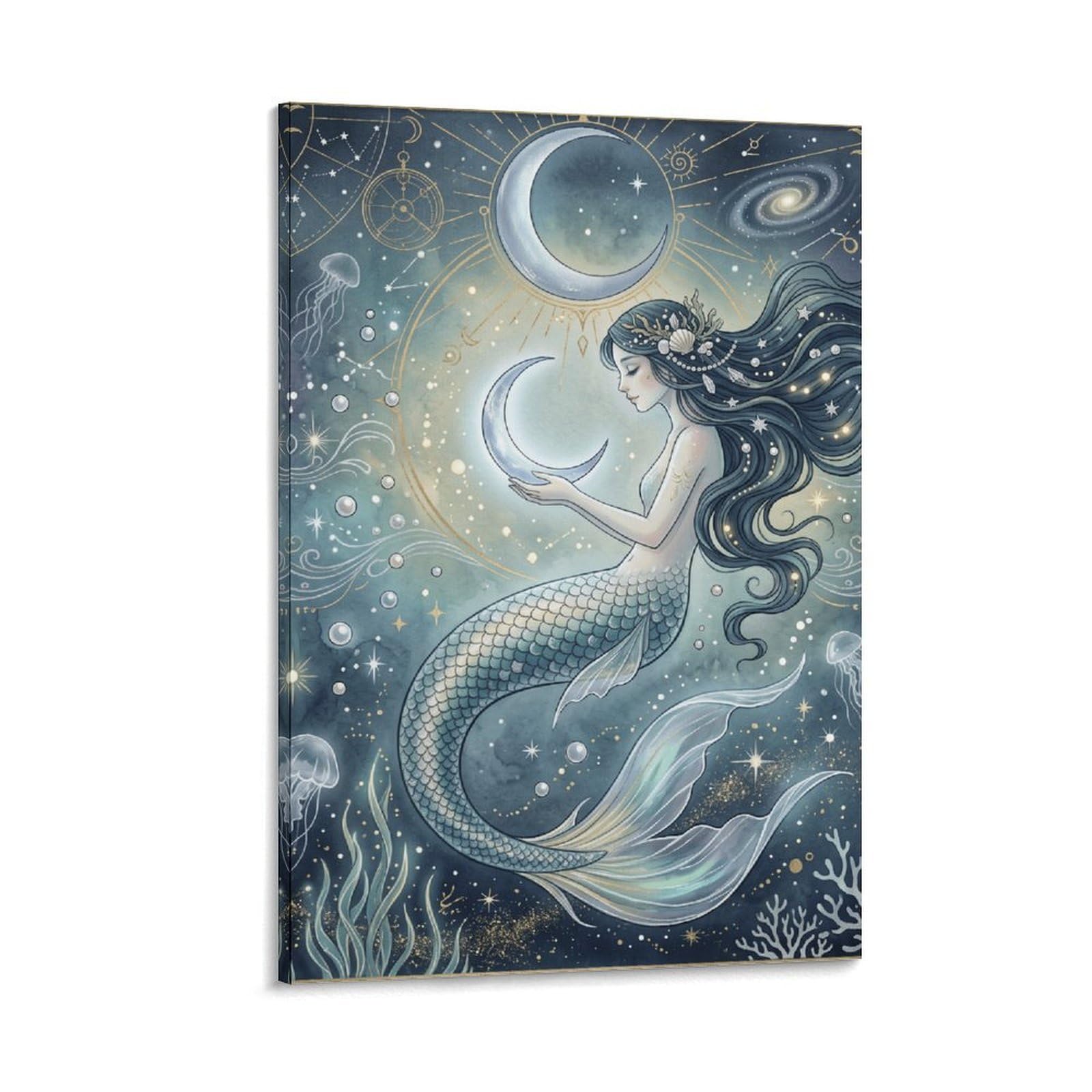 W7C8U2X3 Moon Mermaid Cosmic Ocean Canvas Wall Art, Celestial Mermaid