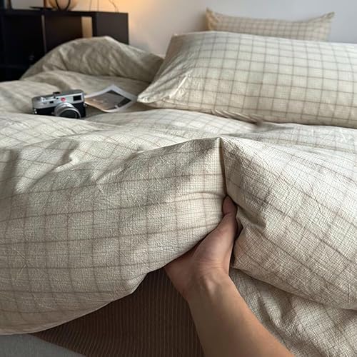 Miniatura 5 de PinkMemory Juego de funda de edredón de cuadros beige tamaño Queen, 100% algodón lavado, estilo vintage, a cuadros, juego de ropa de cama de 3