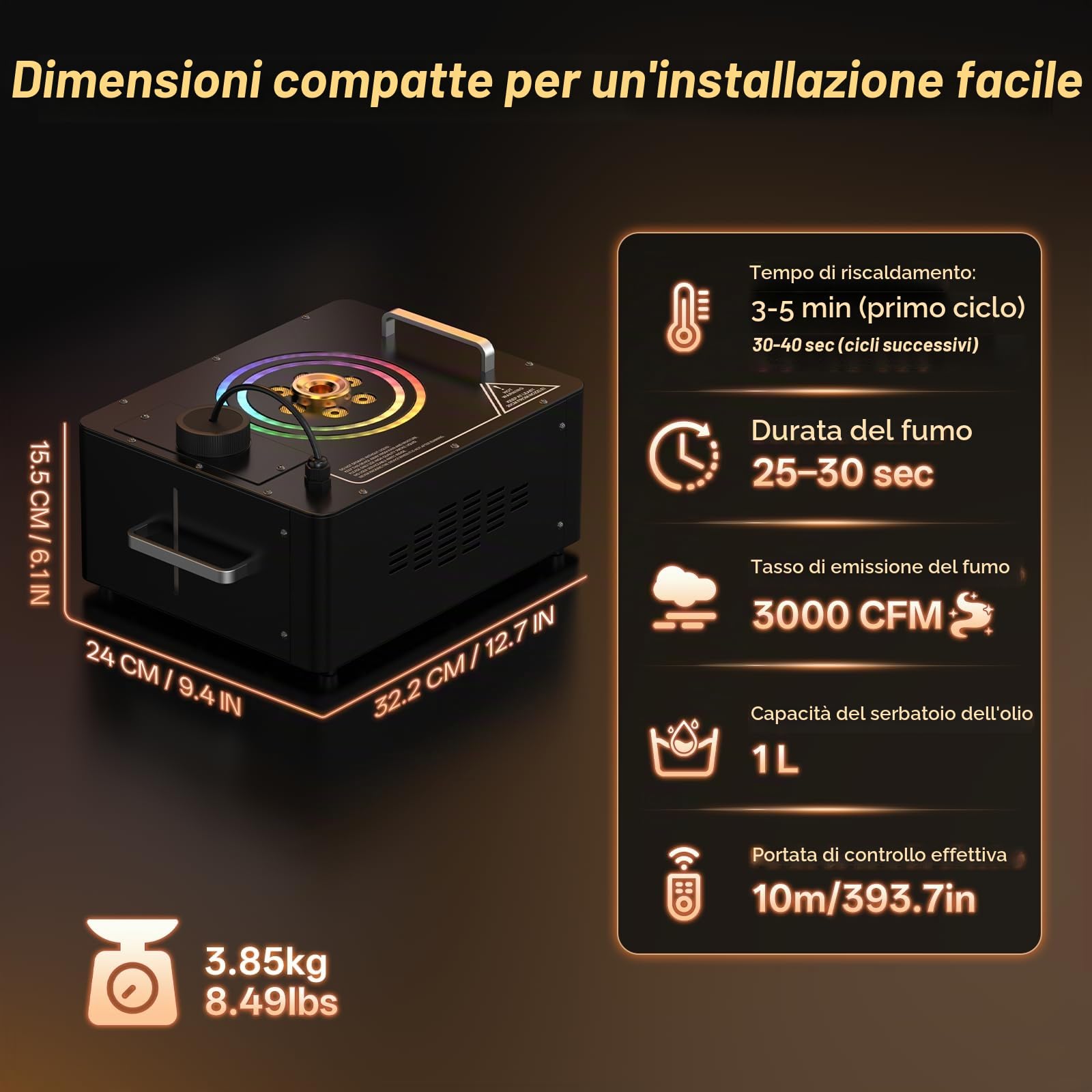 Macchina per Fumo, 1500W Macchina della Nebbia DMX con 6 LED RGB e Anelli luminosi, 3000 CFM con Telecomando Wireless e 4 Modalità di Illuminazione per Effetto Palcoscenici Festa Matrimoni