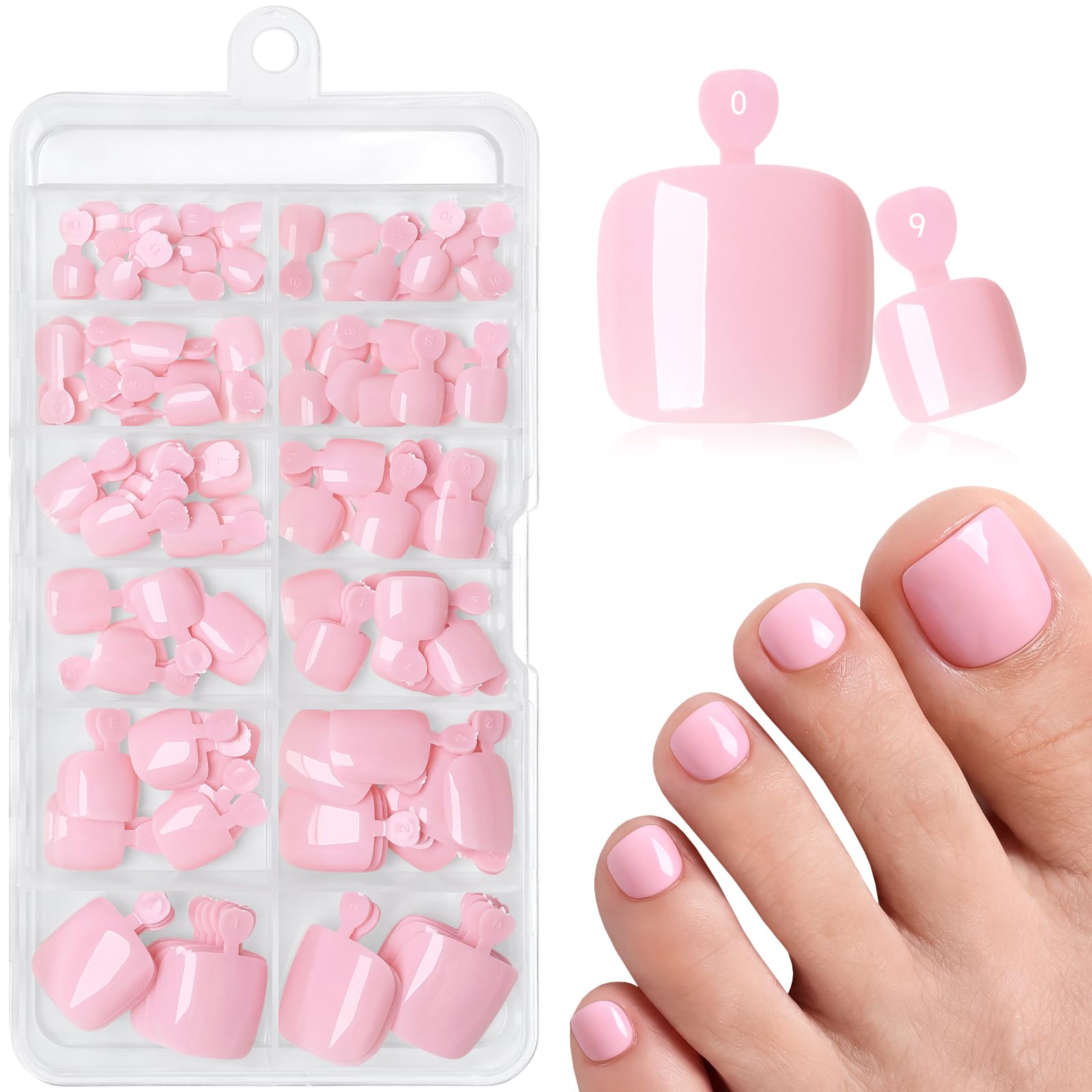 Photo 1 of 120pcs Light Pink Press on Toenails for Women,Short Square Fake Toe Nails,12 Sizes False Toenails with Nail Glue and Adhesive Tabs