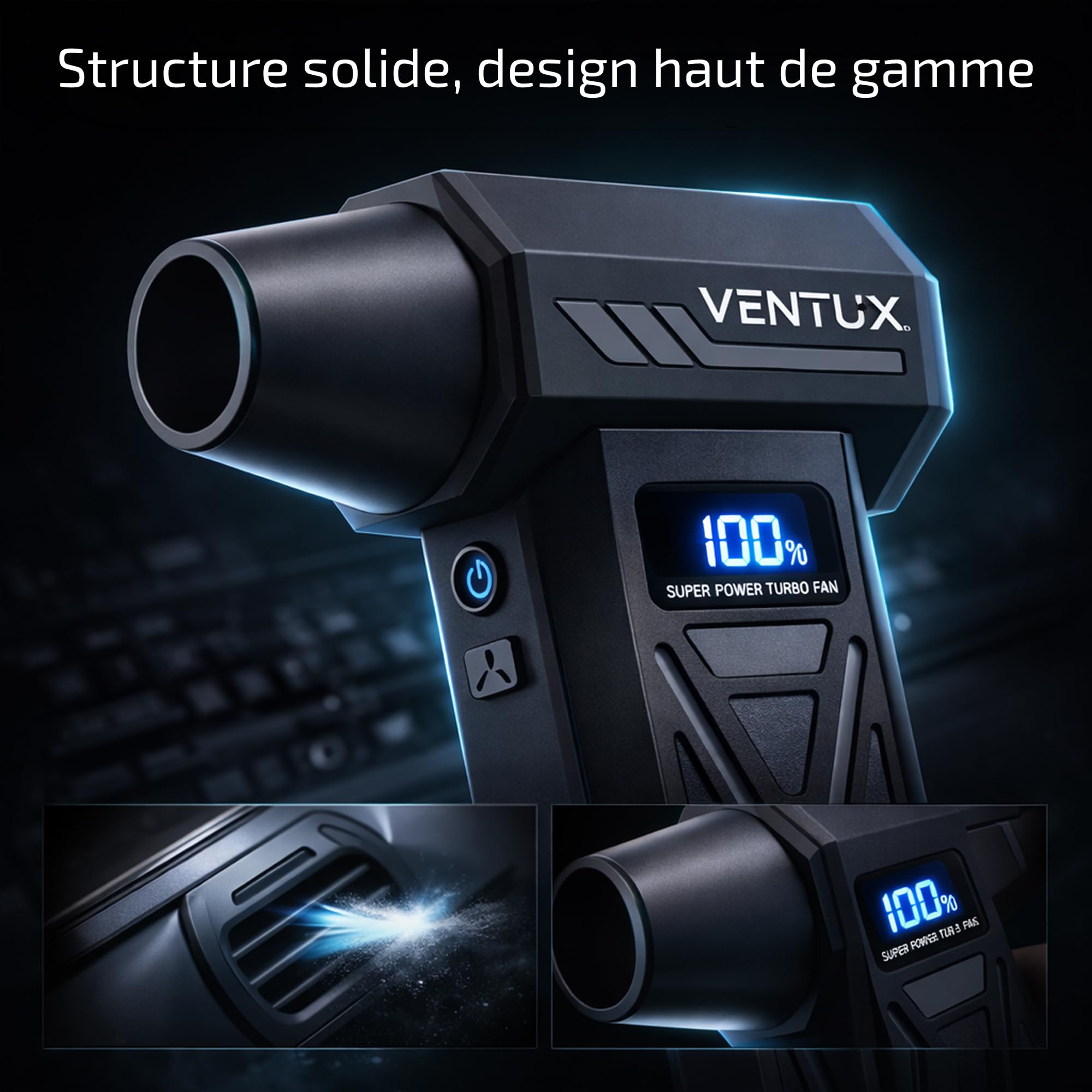 AeroBoost P70 110W – Souffleur d'Air Portable Sans Fil Rechargeable | 4 Vitesses Écran LCD + LED | 4 Buses Interchangeables | Nettoyage Clavier PC, Voiture, Caméra, Console