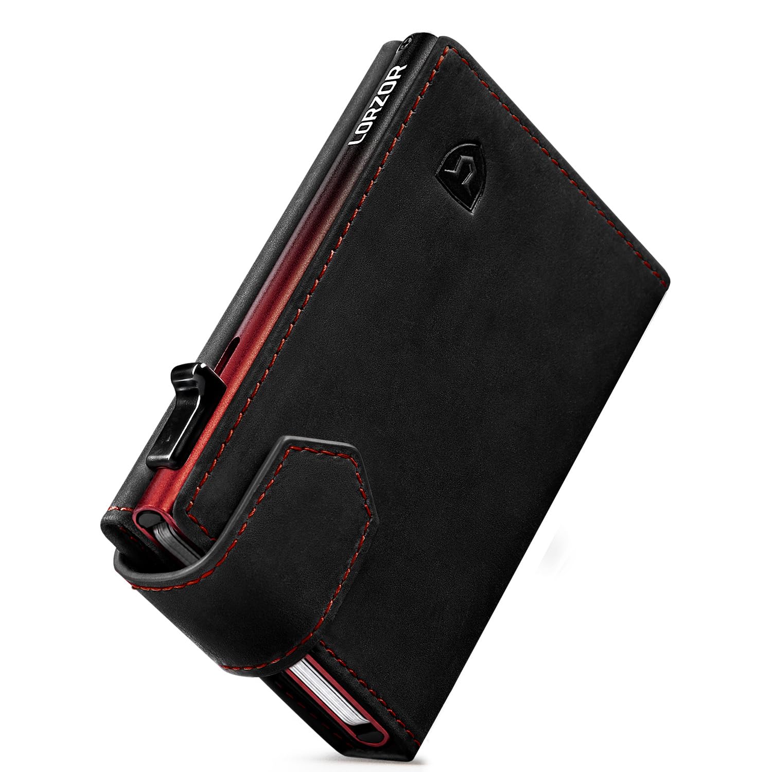 LORZOR Kartenetui mit Magnetischer Verschluss, Slim Wallet mit Münzfach, Geldbörse Herren RFID Schutz, Portmonee Herren Portemonnaie für 10 Karten, Smart Wallet, Geldbeutel (Rot-Schwarz)
