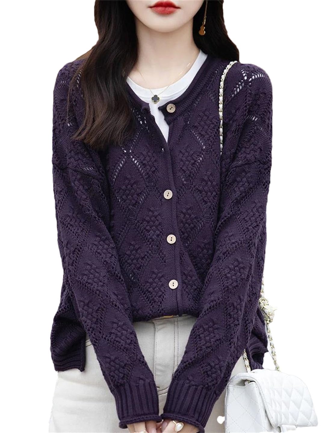 Cardigan da donna in cotone con scollo rotondo corto paragrafo sciolto a maniche lunghe cappotto ispessimento top