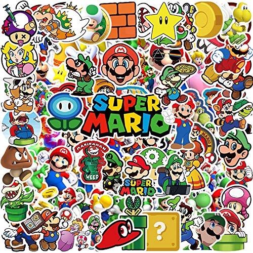 Autocollants Super Mario [100 pcs] Stickers Voiture Anime étanche pour Ordinateur Portable Bouteille d'eau Voiture Tasse Ordinateur Guitare Planche à roulettes Bagages Vélo Pare-Chocs, Cadeau Enfant