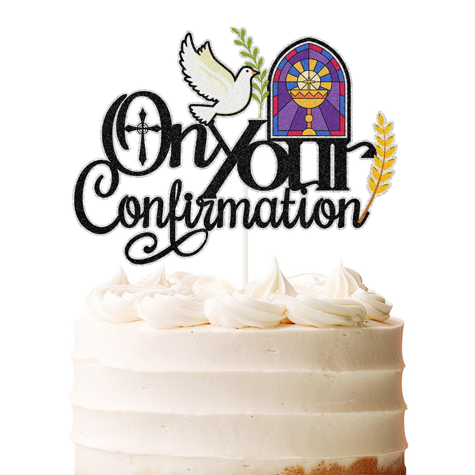 Black Glitter On Your Confirmation Cake Topper - Spanish Baptism Dove First Communion Cake Decor - Baptism Engagement Wedding Bachelorette Party
