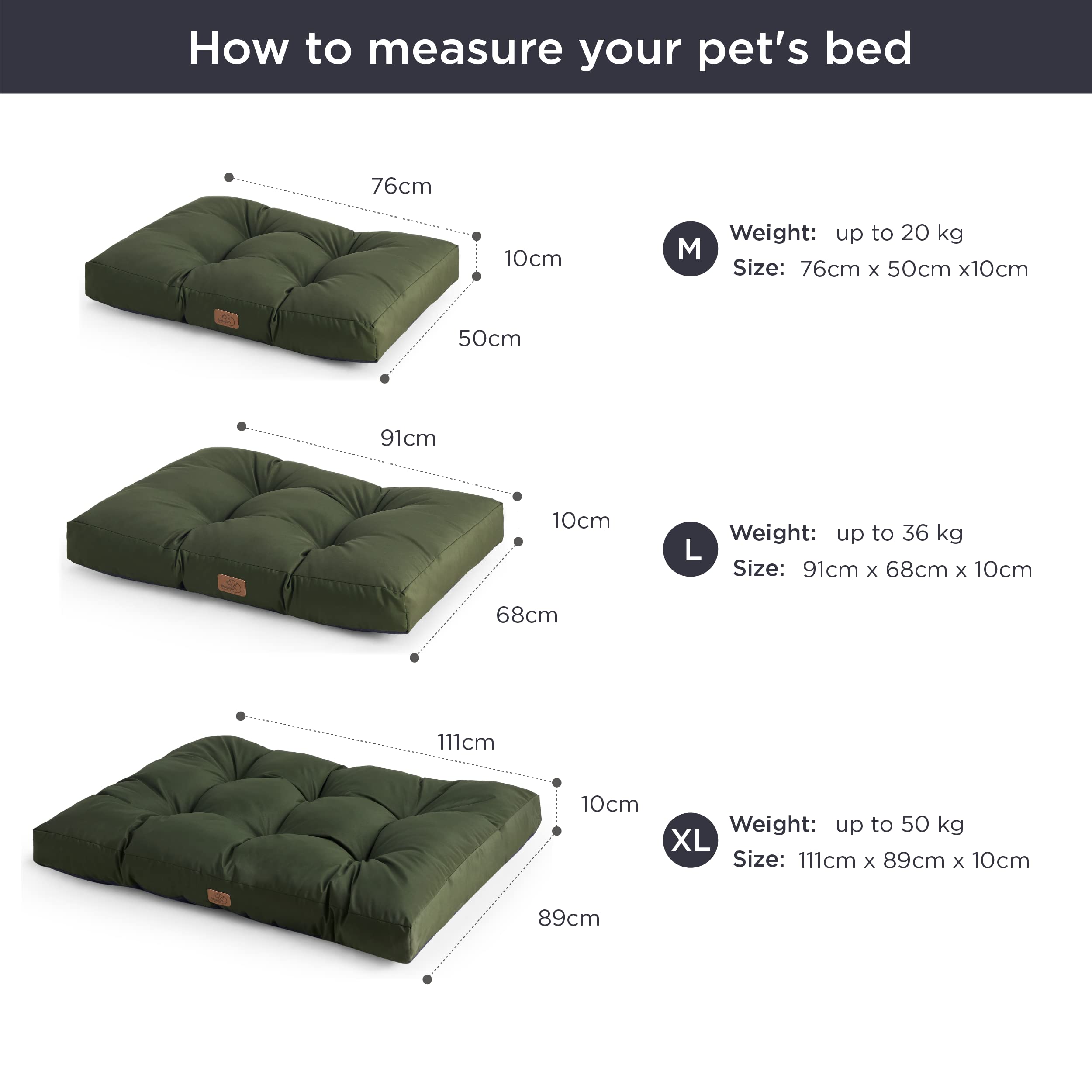 Bedsure Cuscino per Cani Taglia Grande - Cuscini per Cani Taglia Media Tappeto Cane Cuscino Cane Interno Cuscino Cuccia Cane Impermeabile 91x68x10 cm Verde Scuro Lavabile