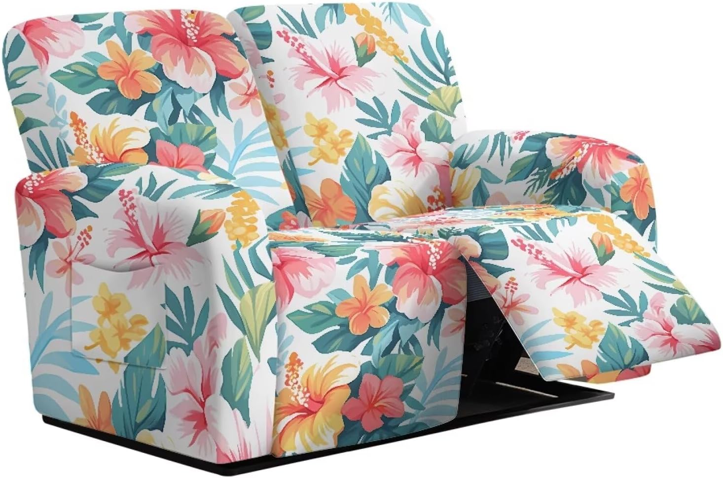 6 Pieces Recliner Covers, Tropical Leaves Stretch Reclining Loveseat Slipcover with Pocket Washable Furniture Protector for Sofa 2 Seater Couch Slipcovers for Kids Pets