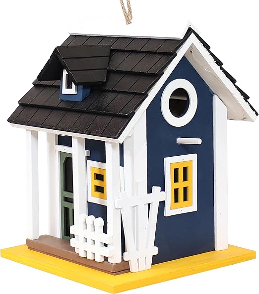 Sunnydaze Wooden Outdoor Bird House - Small Hanging Bird House for Outdoors - Solar LED - Charming Cottage - Blue - 9.25 Inch
