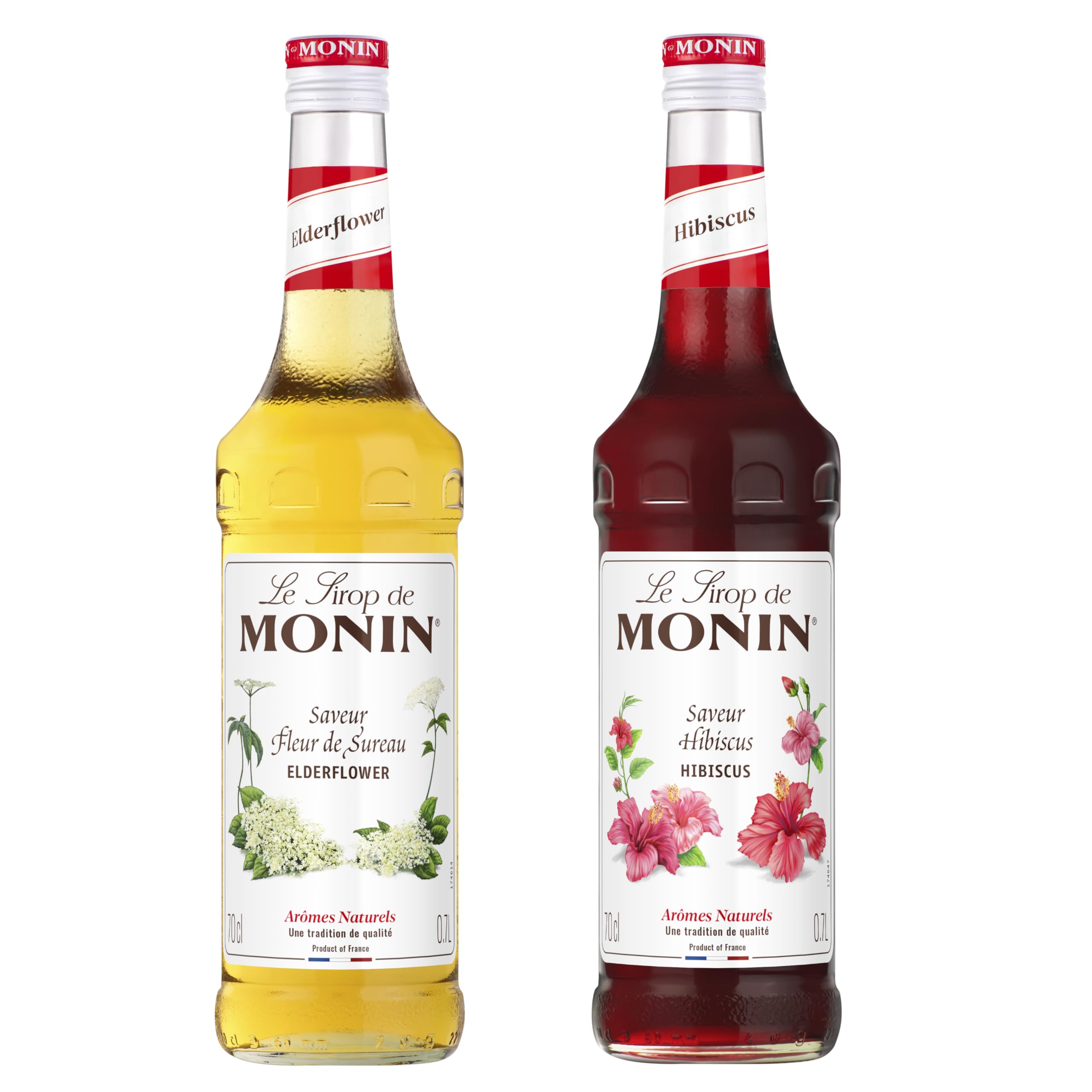MONIN - Assortiment Sirop Saveur Fleur de Sureau & Sirop Saveur Hibiscus - Pour Prosecco, Cocktail, Thé Glacé, Limonade - Arômes Naturels - Bouteille en Verre - 2 x 70 cl