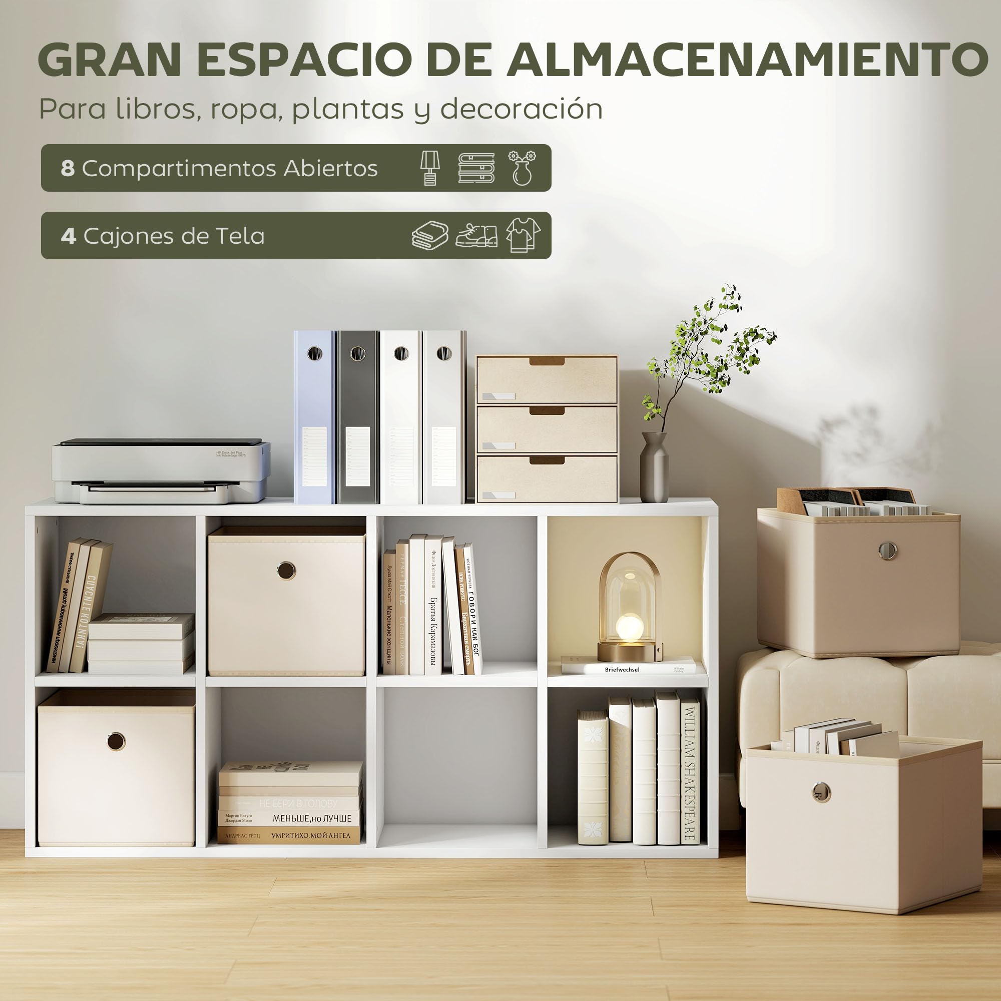 HOMCOM Estantería de 8 Cubos 4 Cajones Tela 105,9x30x53,7 cm Blanco y Beige | Librería, Estantería para Libros, Horizontal o Vertical, para Salón, Dormitorio, Estudio