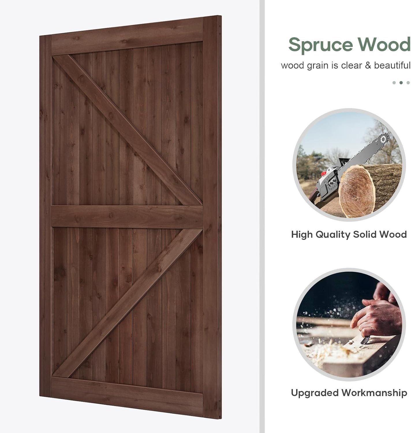 60x96 inch Sliding Barn Wood Door Slab with 10ft Hardware Kit and Handle, Coffee, K Shape, Simple DIY Assembly