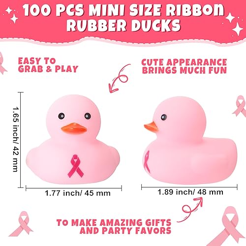 Miniatura 2 de Libima 100 piezas de cinta rosa de goma de pato para el cáncer de mama de 1.9 pulgadas, mini patos, esperanza, fortaleza, coraje, patos, juguete de