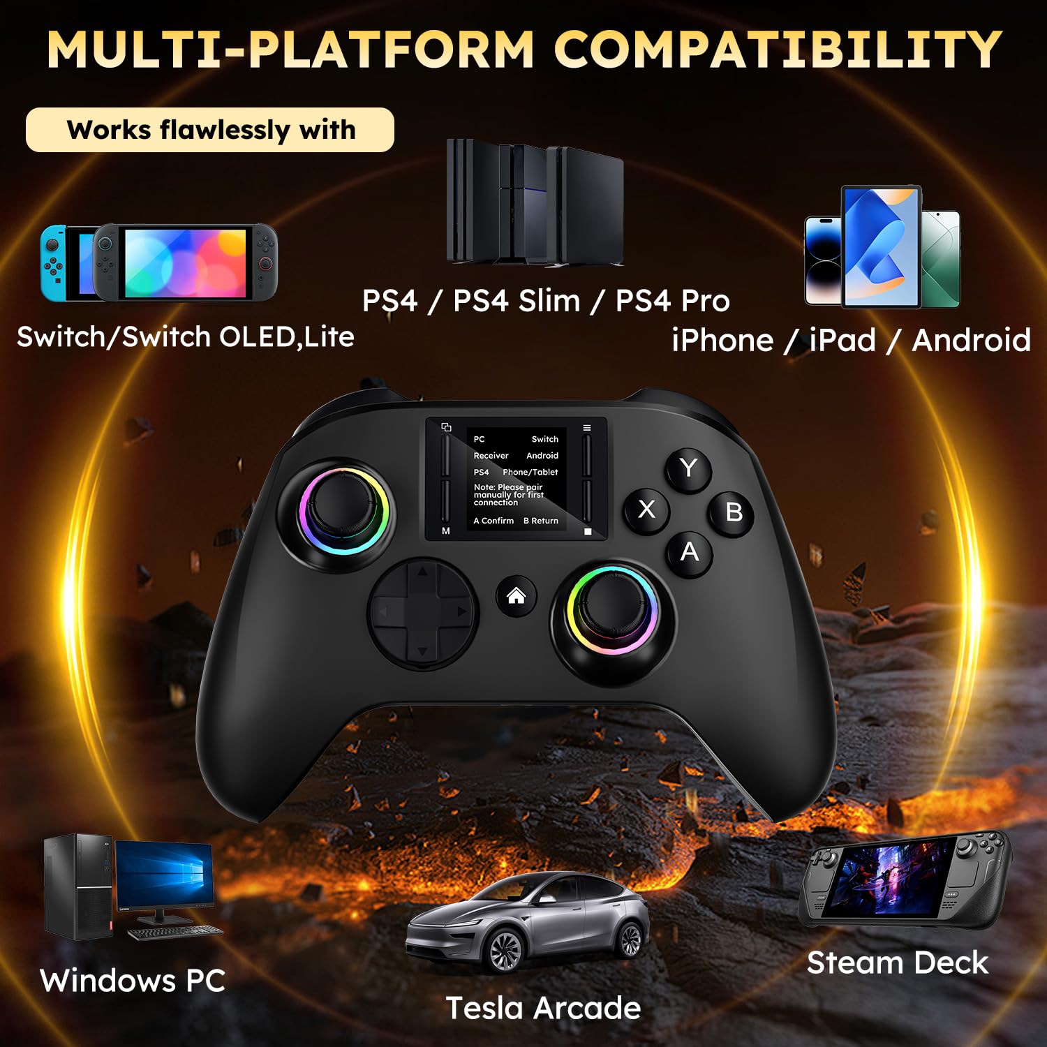 Wireless Gaming Controller with Interactive Screen, 4 Programmable Buttons, Turbo, 6-Axis Gyro, Dual Vibration, RGB Lighting, 1000mAh, for PC/PS4/Switch/Android/iOS