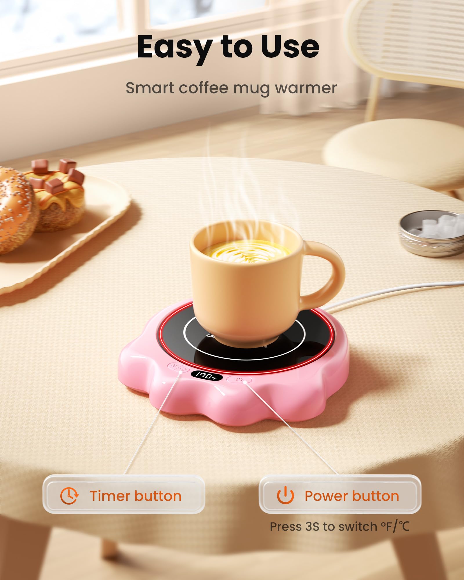 Calentador de tazas, 50 W, lindo calentador de tazas de pata de gato, 3 ajustes de temperatura, apagado automático de 2 a 10 horas, accesorios de café mantienen la bebida caliente para 4