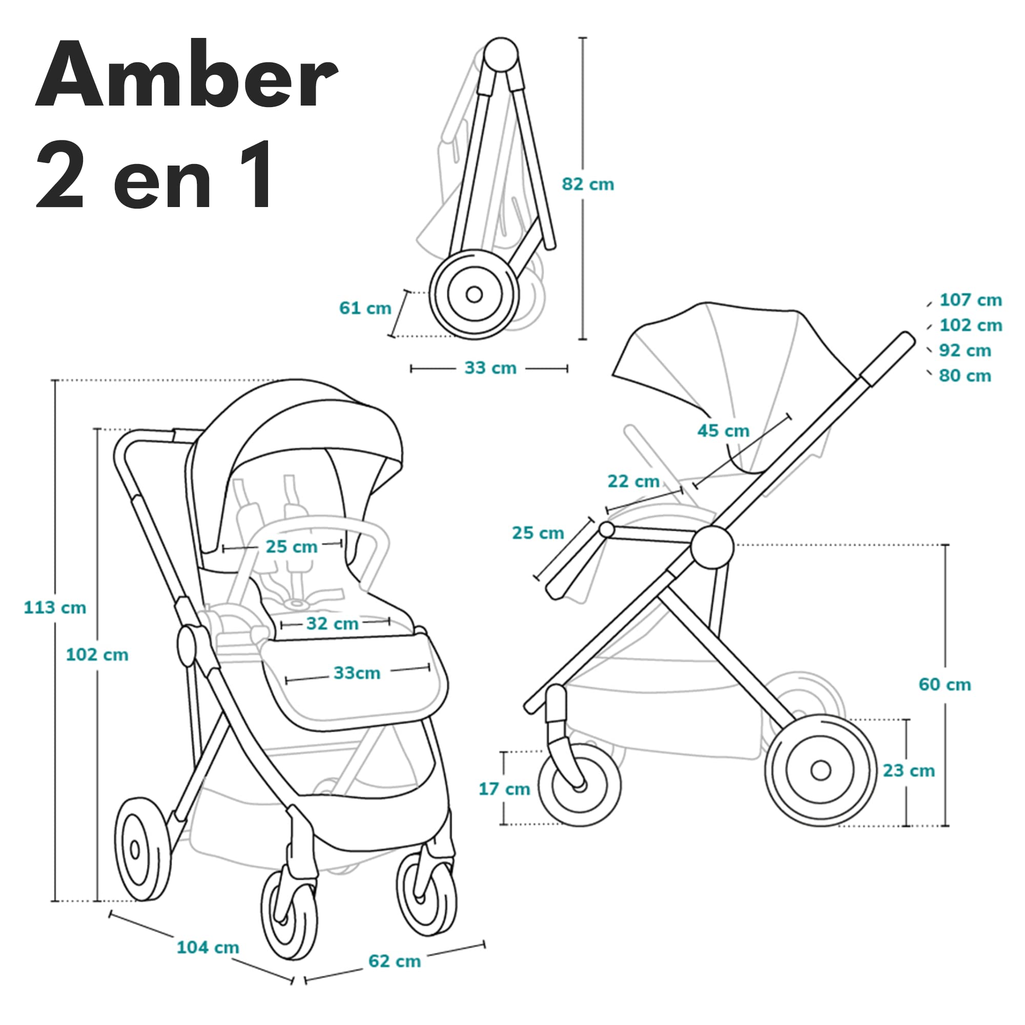 LIONELO Amber Coche de bebé multifuncional 2 en 1 Conjunto silla de paseo con el Asiento de Cubo e Capazo Manillar regulable Bolsa Mosquitero Protector de lluvia | Manillar regulable, bolsa, mosquitera y protector de lluvia incluidos