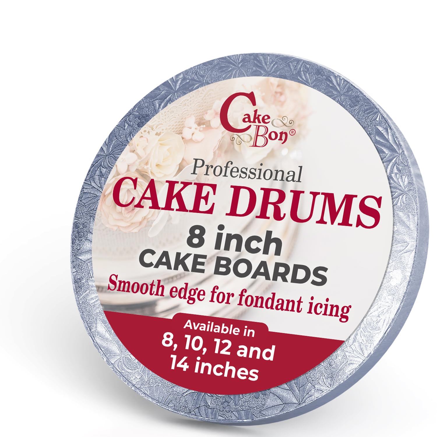 Cakebon Cake Boards 8" Silver Round Cake Drums 1/2" Thick Smooth Edge 1Pack