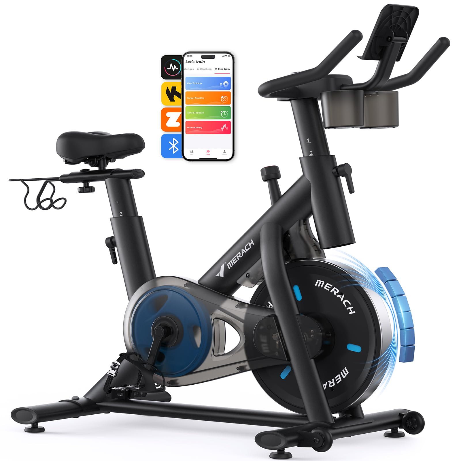 Exercise Bike, Brake Pad Stationary Bike with Exclusive App, Low Noise Indoor Cycling Bike with 300lbs Weight Capacity, Tablet Mount and Fitness Courses for Weight Loss
