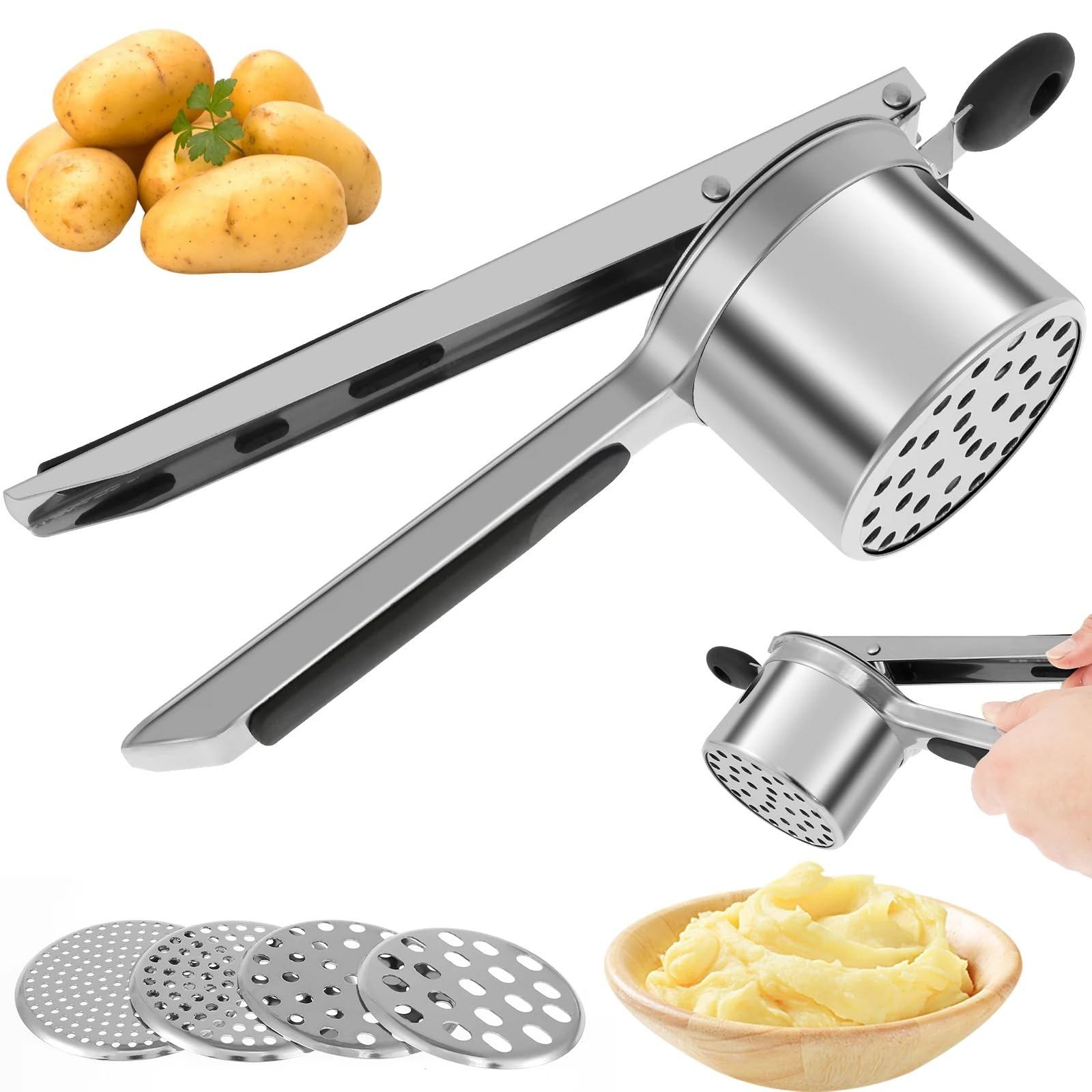 Prensa de patatas de acero inoxidable con 4 discos intercambiables, multifuncional para finos, medios, gruesos y anchos