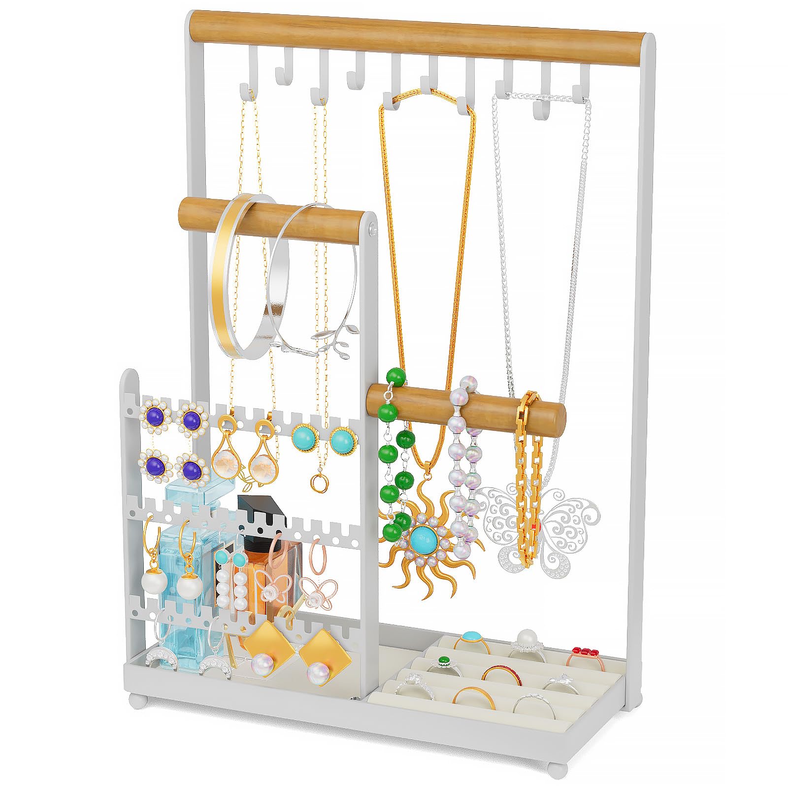 Jewelry Holder Organizer Stand, Jewelry Display Rack with 36 Holes Earring Holder, 10 Hooks Necklace Organizer, Velvet Ring Holder Dish, Birthday Gifts Ideas for Mom Women Room Decor