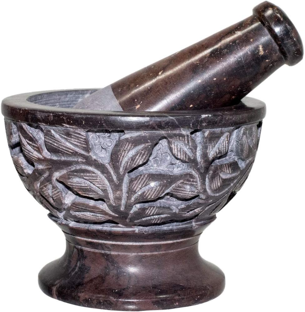 Aisev Naturals - Soapstone Carved Leaves Mortar & Pestle