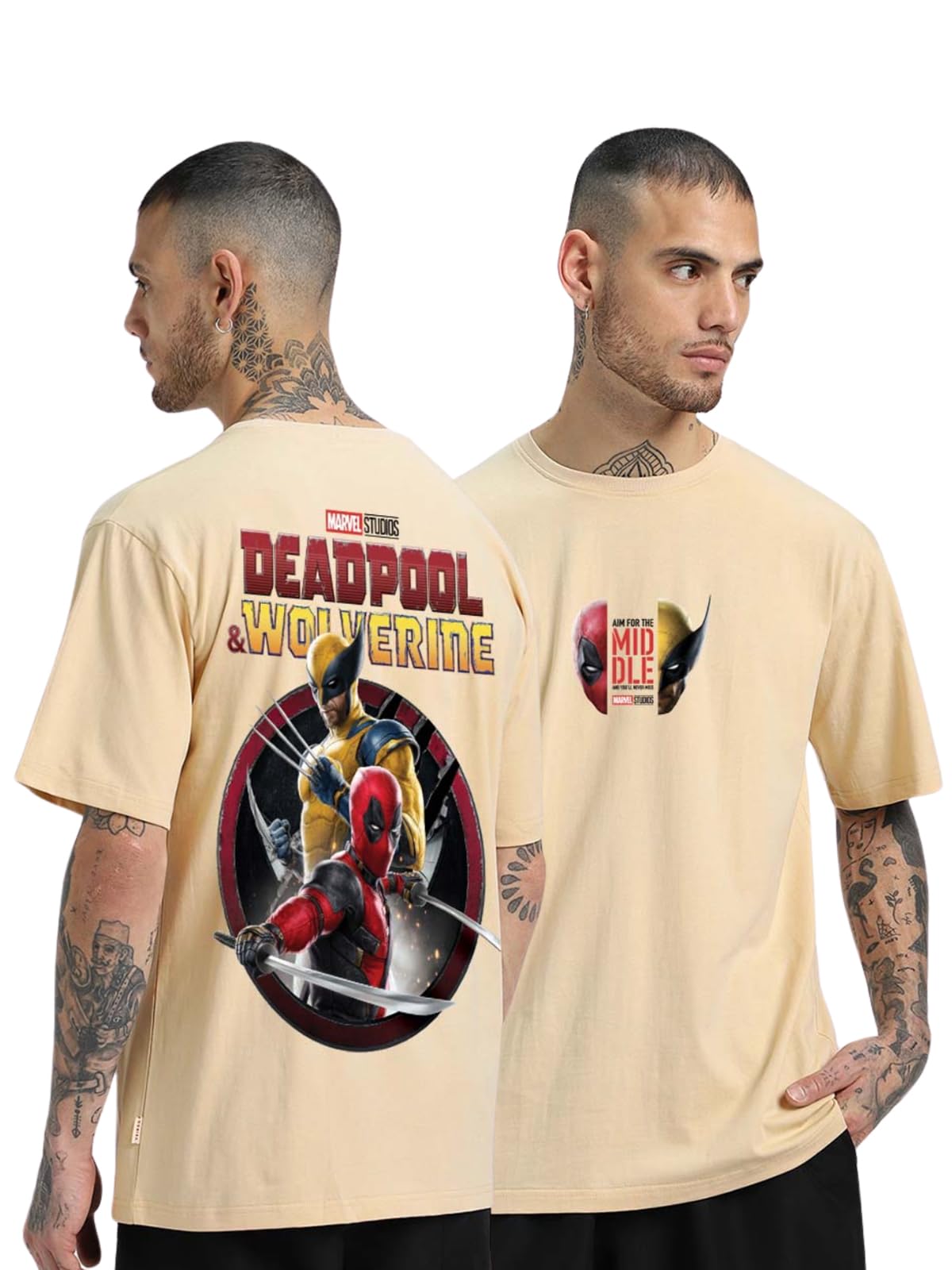 Veirdo® 100% Pure Cotton Official Marvel's Deadpool & Wolverine Merchandise with Drop Shoulder Oversized Fit Front & Back Graphic Printed T-Shirt for Men & Boys (Colors: Black, White & Swanwhite)