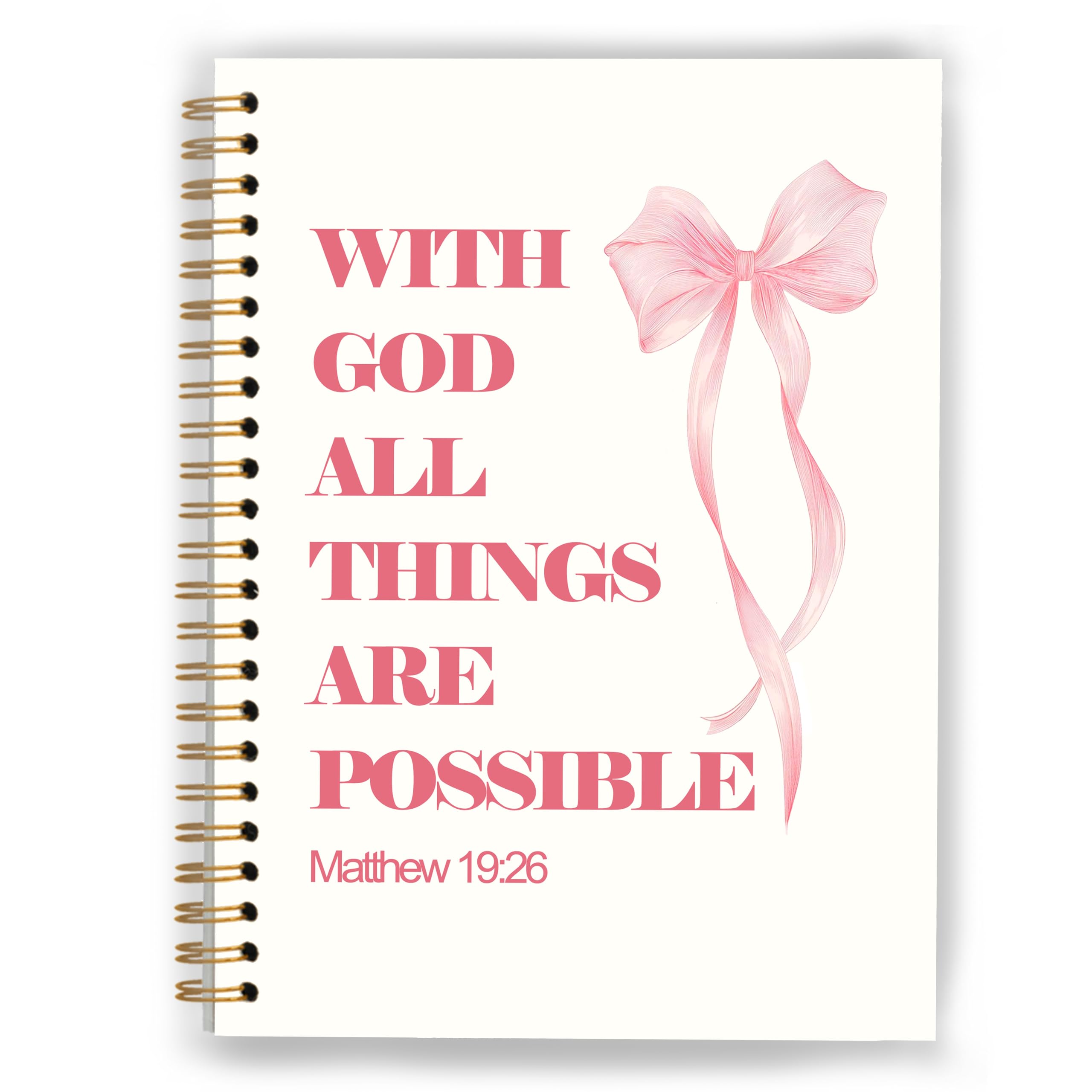 XUNLURY Pink Coquette Bow Christian Notebook, with God All Things are Possible Bible Journal, Prayer Journal for Woman, Church Notes Notebook,