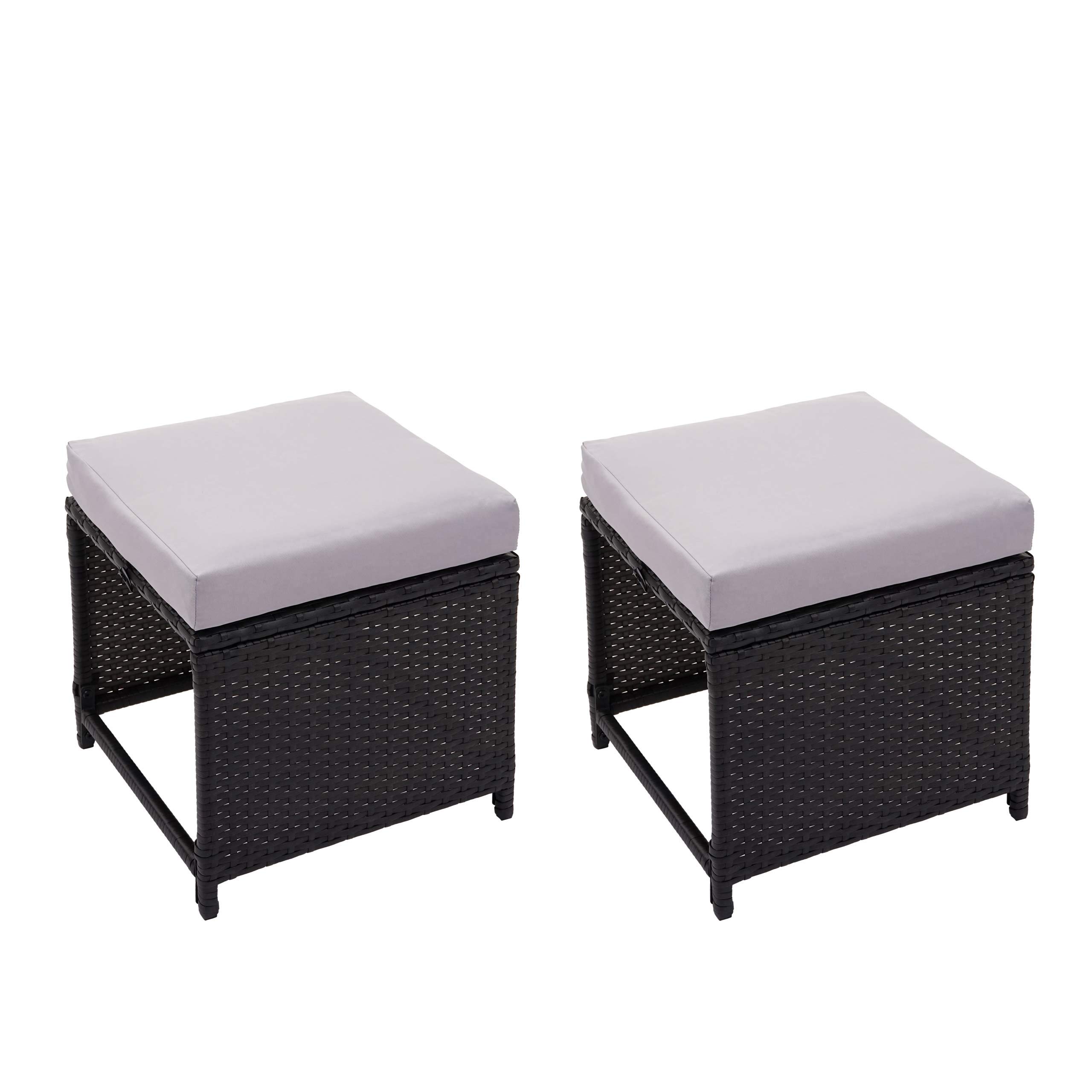 Mendler 2er-Set Poly-Rattan Hocker HWC-G16, Gartenhocker Sitzhocker, Gastronomie - schwarz, Kissen hellgrau