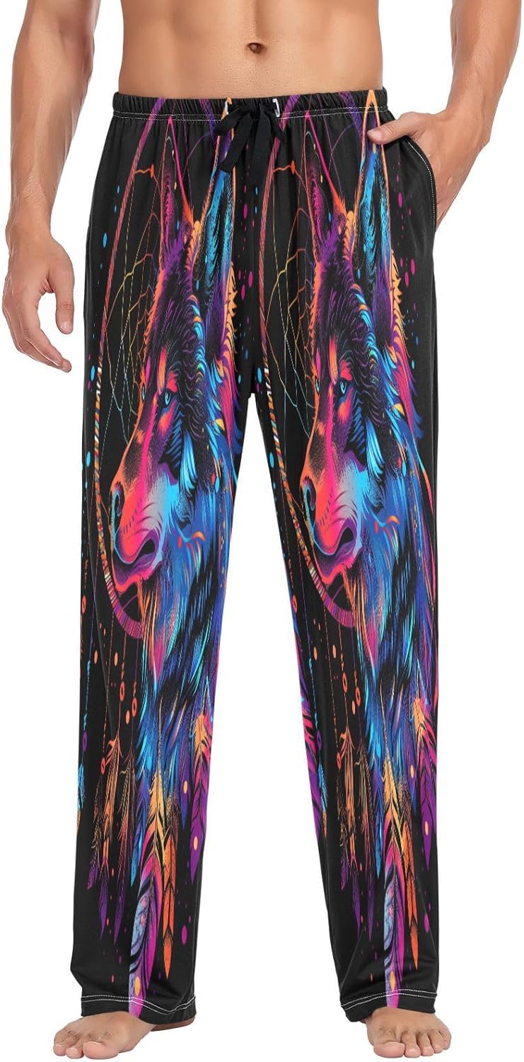 ALAZA Dreamcatcher Wolf Rainbow Color Men's Pajama Pants Men Cotton Pajama Bottoms with Pockets, S