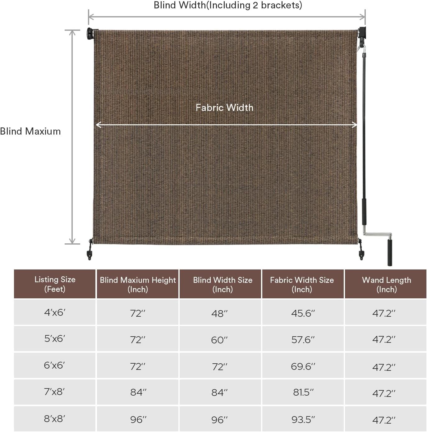 VICLLAX Outdoor Roller Shade Fabric for Porch Gazebo, Patio Cordless Blinds Roll Up Shade (6' W X 6' L), Mocha