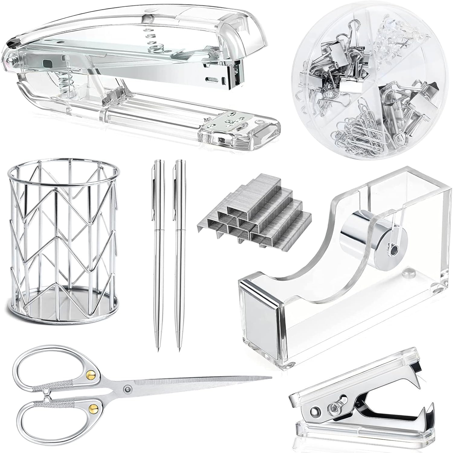 Office Desk Accessories，Office Supplies Set Acrylic Stapler Set Staple Remover, Tape Holder, Pen Holder, 2 Ballpoint Pen, Scissor, Binder Clips, Paper Clips and 1000pcs Staples(Silver)
