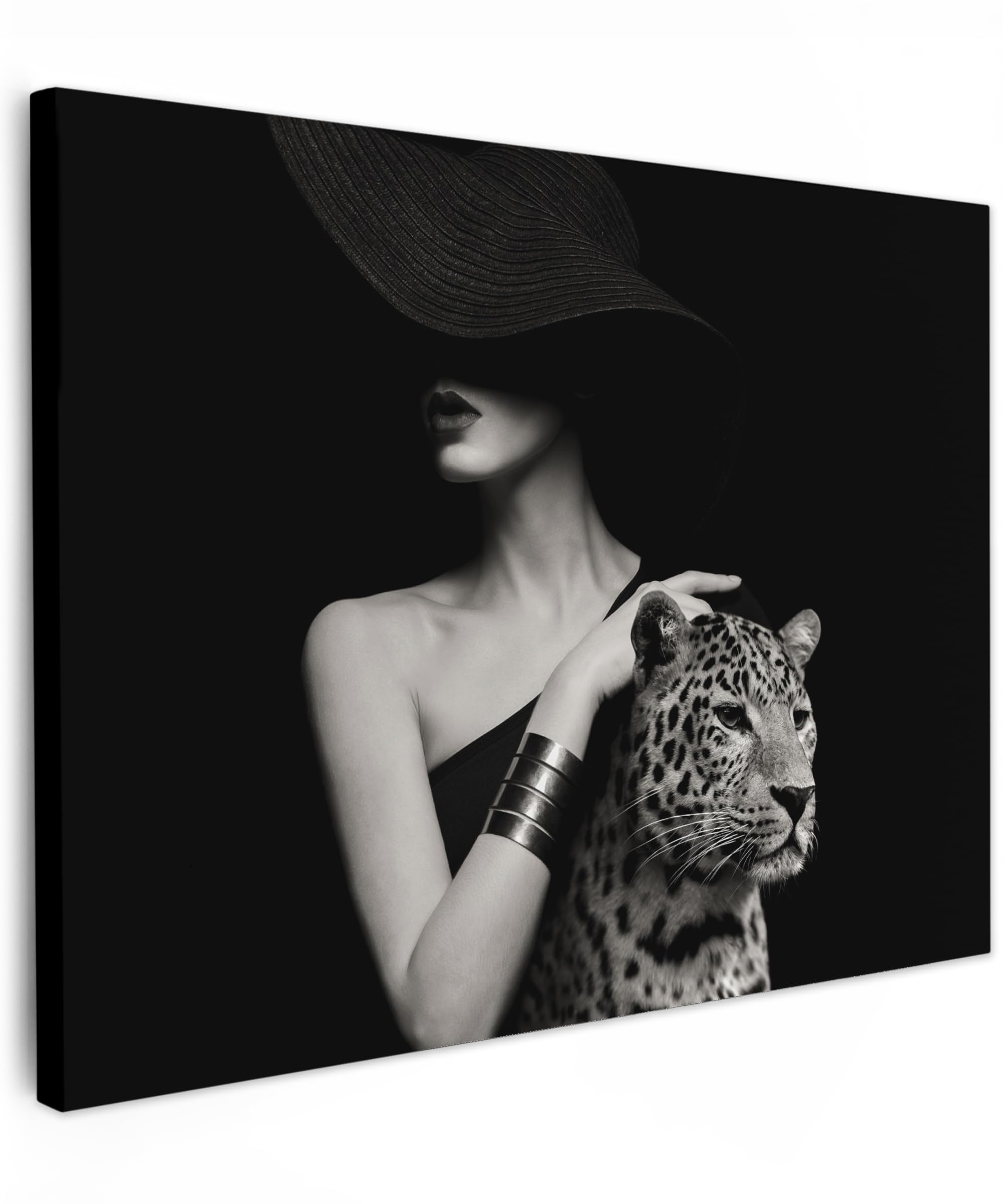 MuchoWow© Canvas Wall Art 16"x12" / 40x30 cm Decor Prints for Living Room Decorative Canvases Hall Artwork Woman - Leopard - Luxury - Black - White - Animal