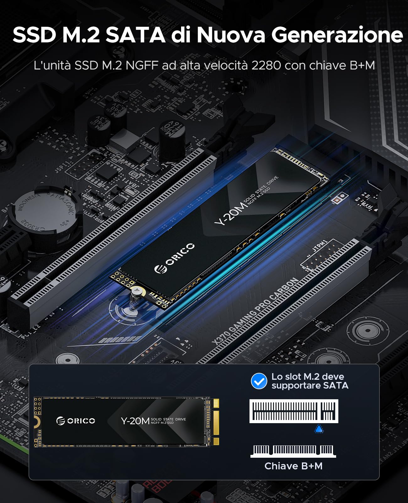 ORICO 512GB M.2 2280 SATA SSD, SATA III 6Gbps SSD M2 con Chiave B+M, 500 MB/s Unità a Stato Solido Interna per Desktop/Portatili - Y20M