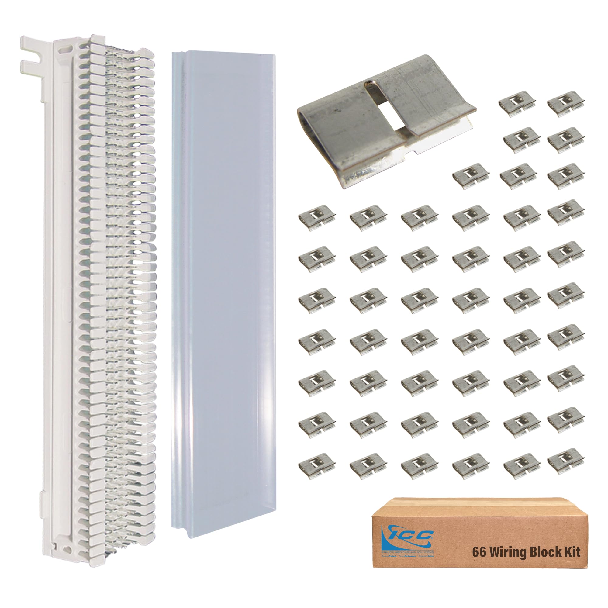 ICC 66 Wiring Block Kit, 50-Pair Punch Down Block with 50 Bridge Clips and Clear Cover, 22–26 AWG, UL 1863, TAA Compliant