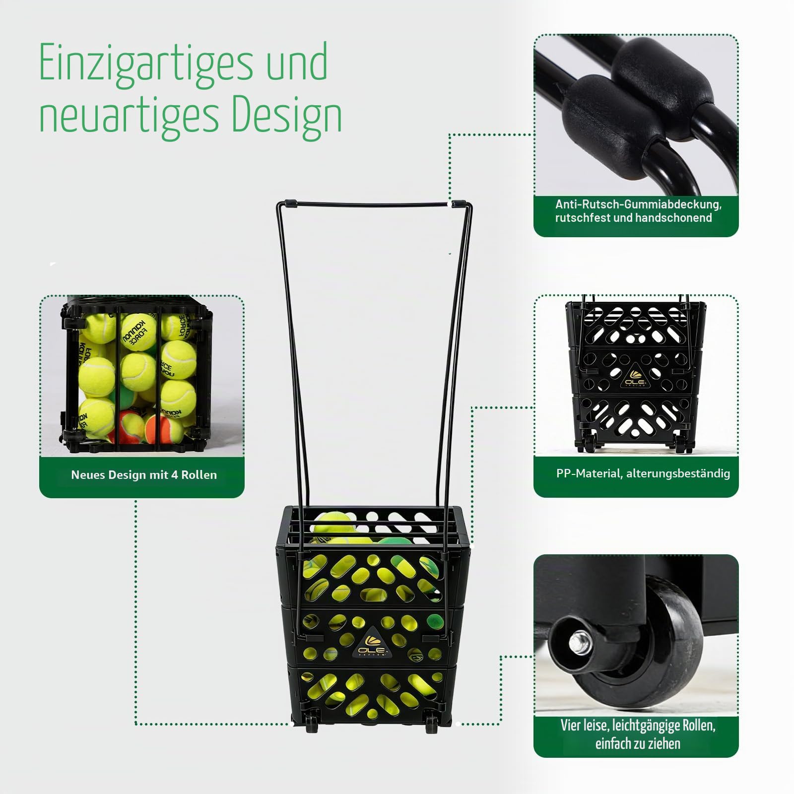 Tennisball-Hüpfer mit Rädern, 60 Bälle Kapazität, leichter Sammler, kein Biegen, freihändiges Ballabholwerkzeug für Training und Platz