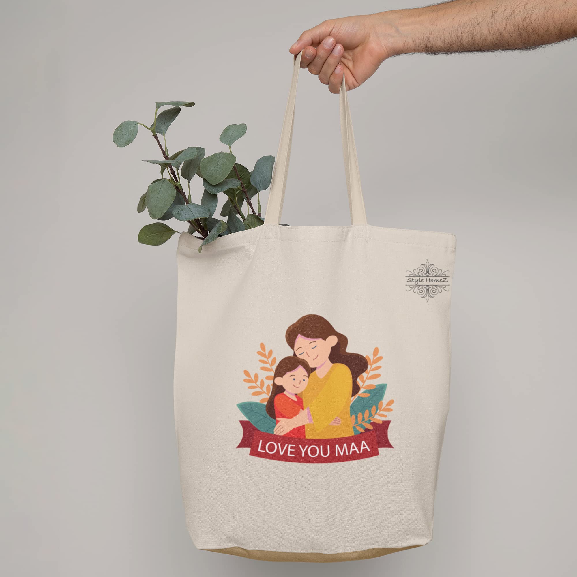 Style Homez Classic Eco-Friendly & Reusable Cotton Canvas Grocery Tote Bag, Medium Size 16 x 14 Inch Natural Color (LOVE YOU MAA) 4