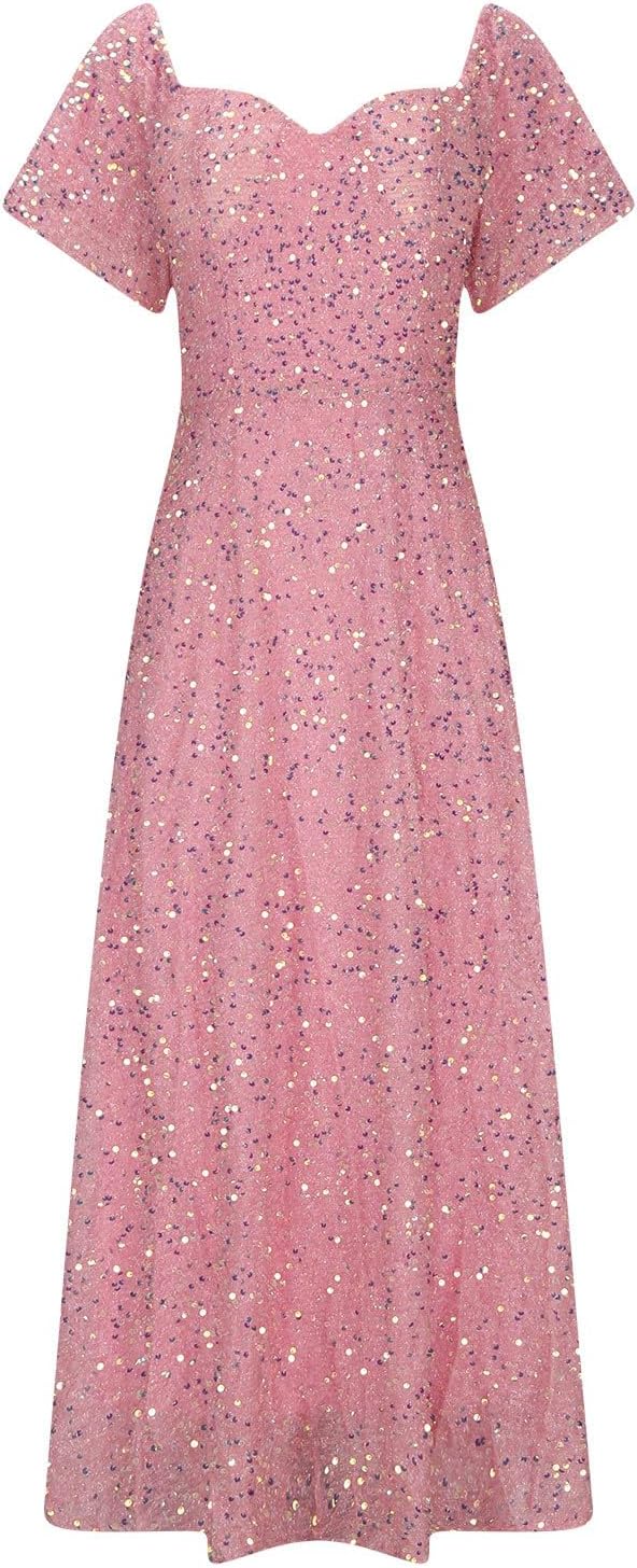 Sequin Formal Dresses for Women Flutter Sleeve Shimmer Evening Gowns Pink | Sweetheart Neck Cocktail Maxi Dress Sequins Sparkly Prom Gown Glitter Party Dresses