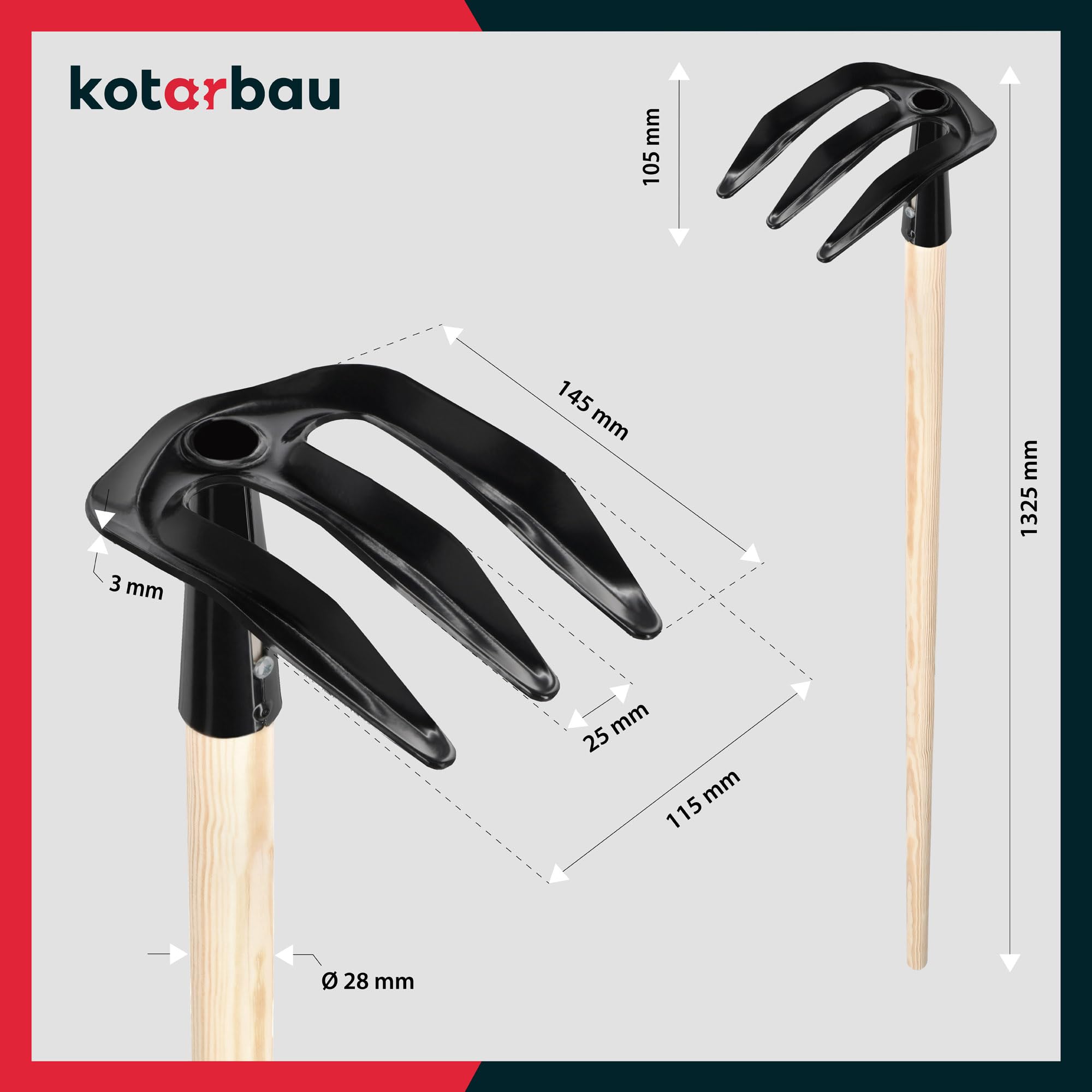 KOTARBAU® Kartoffelhacke mit 3 Zinken Holzstiel 135 cm Landwirtschaftliches Hacke aus Stahl Werkzeug Feldhacke Gartenwerkzeug Gartengeräte Gartenzubehör Garten Handwerkzeuge Pflanzhake