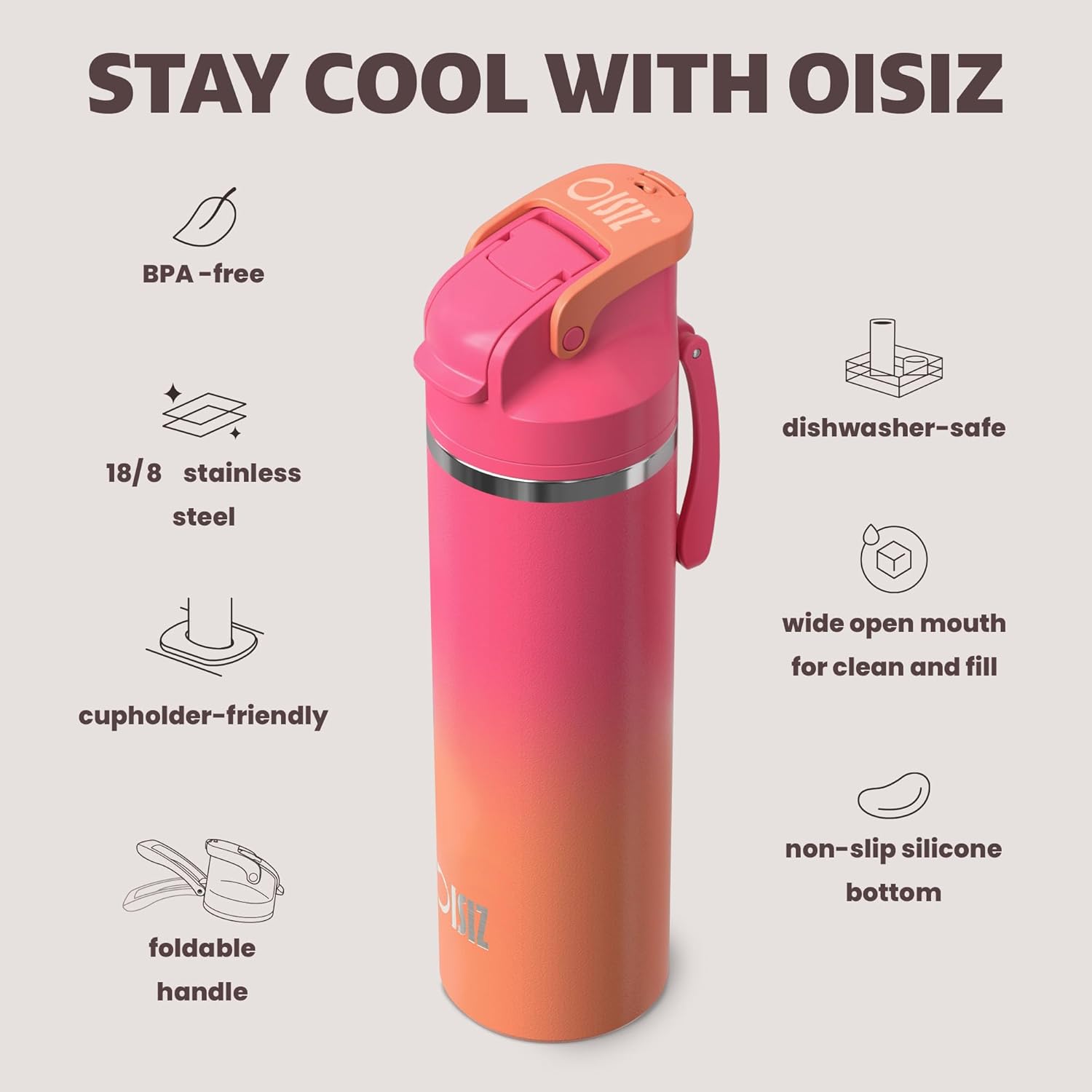 OISIZ Insulated Water Bottle 24 oz with 2 in 1 Spout and Straw Lid,One Click Safety Lock,100% Leakproof,Keep Cold 24H,Vacuum Stainless Steel Water Bottle for School,Travel and Sports,Dishwasher Safe