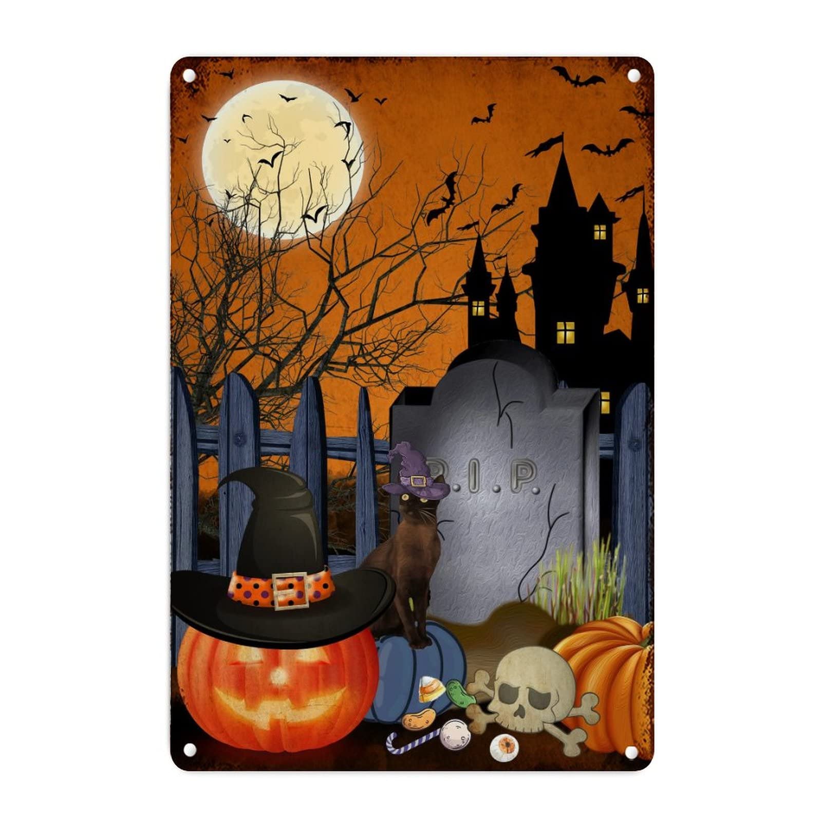 Décorations d'Halloween citrouille et sorcière sur panneau métallique mural rétro