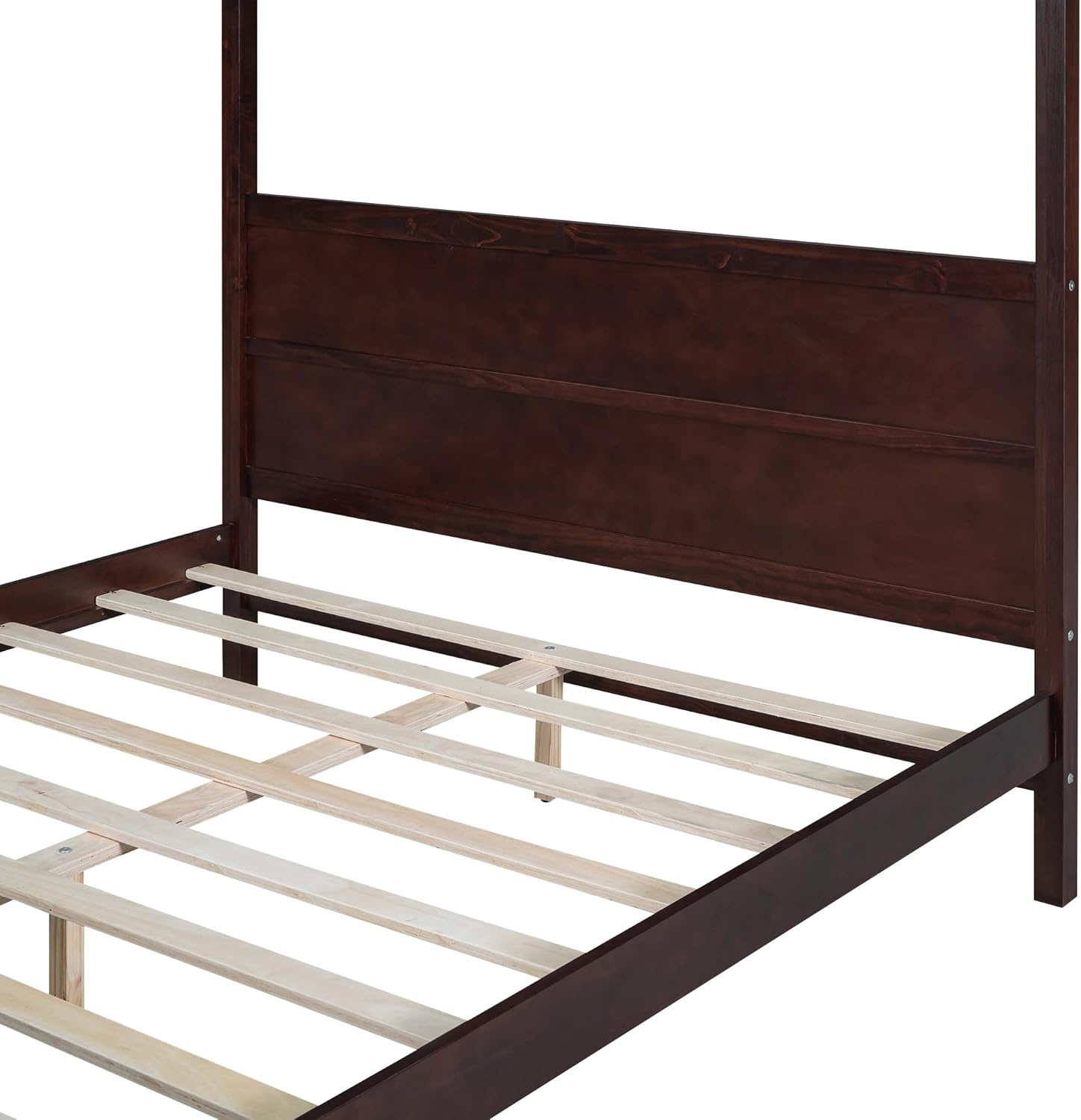 Close-up of the wooden slats and support structure of the bed frame