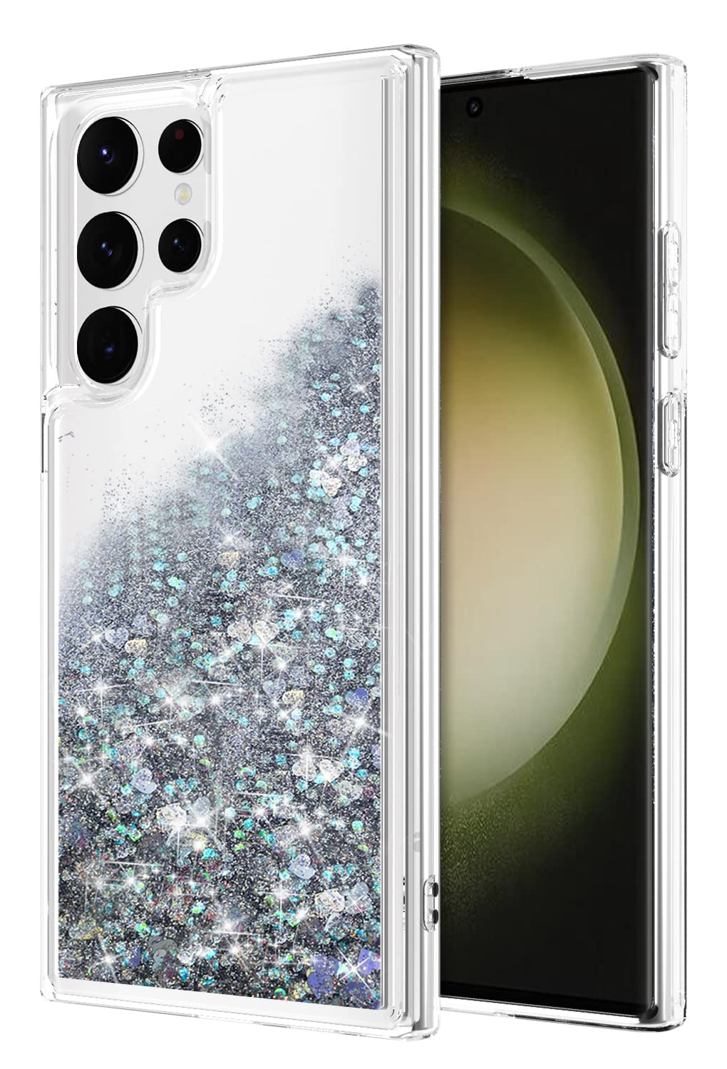 WORLDMOMfor Samsung Galaxy S23 Ultra Case,Flowing Waterfall Bling Design Sparkle Colorful Liquid Glitter TPU Clear Protective Phone Case for S23 Ultra Case (2023) 6.8 inch, Silver
