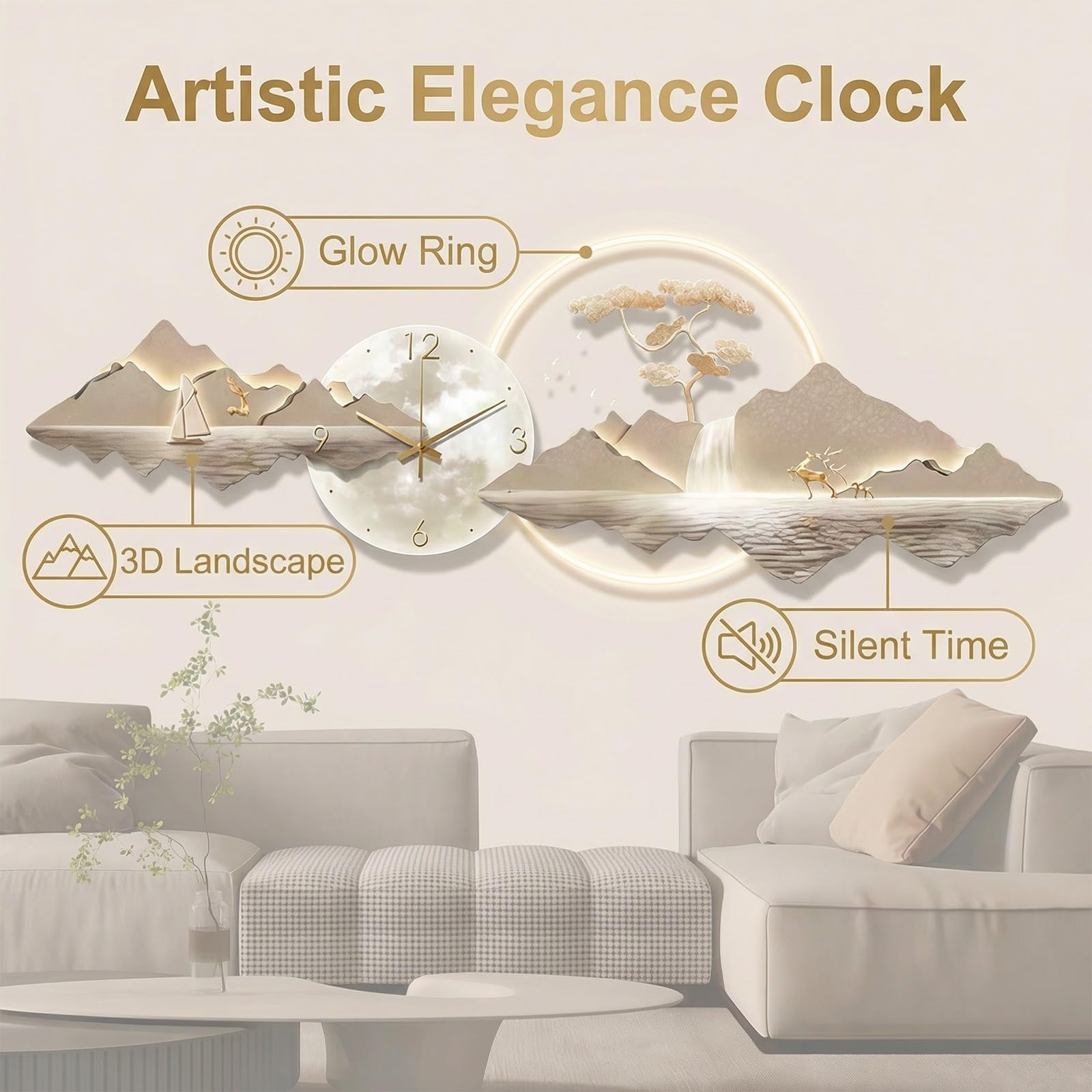 Reloj de pared silencioso estilo Art Déco, reloj de acrílico con luz LED, cuadro decorativo para colgar en la pared, ideal para sala de estar, dormitorio, oficina o recibidor.(Wit,150cm/59in)