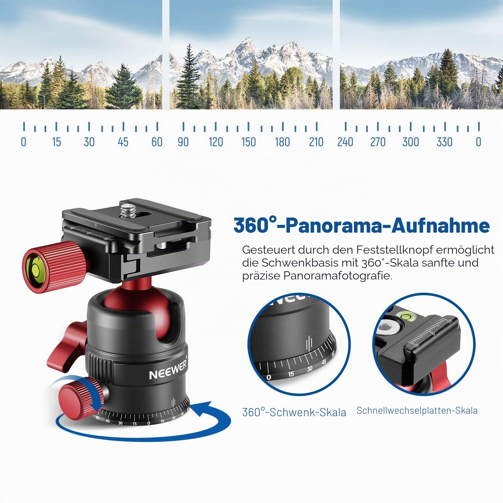 NEEWER Stativkopf, 360° drehbarer Panorama Kugelkopf mit 1/4 Zoll Schnellwechselplatte für Stativ, Einbeinstativ, Slider, DSLR Kamera, Camcorder, maximale Belastung bis zu 5kg- GM28